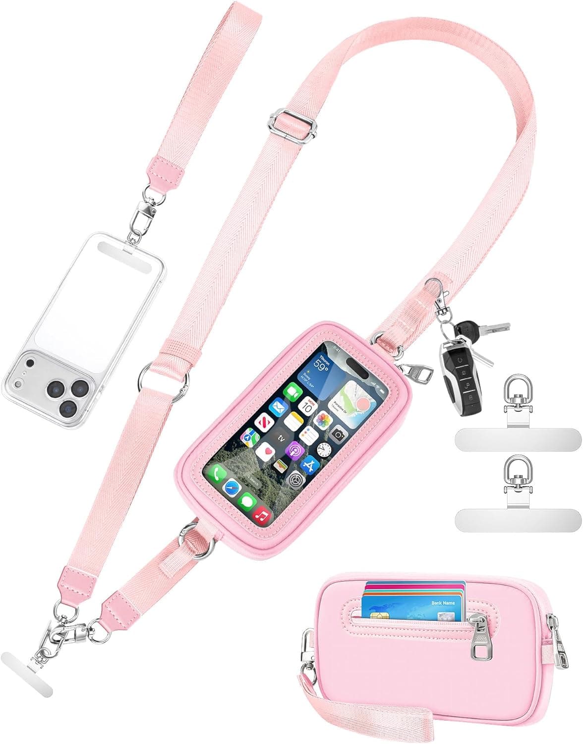 Clip and Go Phone Lanyard Wallet, Hands Free Crossbody Strap with Zipper Pocket & ID Window, Includes 2 Metal Tether Pads for Phones, Keys, Earphones, Accessories Pink