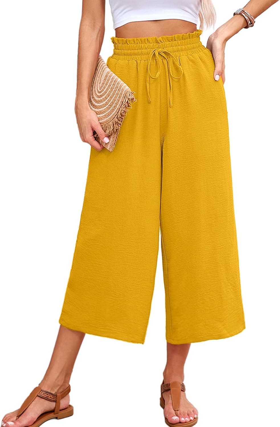 KORSIS Capri Pants for Women Wide Leg High Waisted Summer Dressy Lightweight Vacation Beach Tie Belt Trousers with Pockets