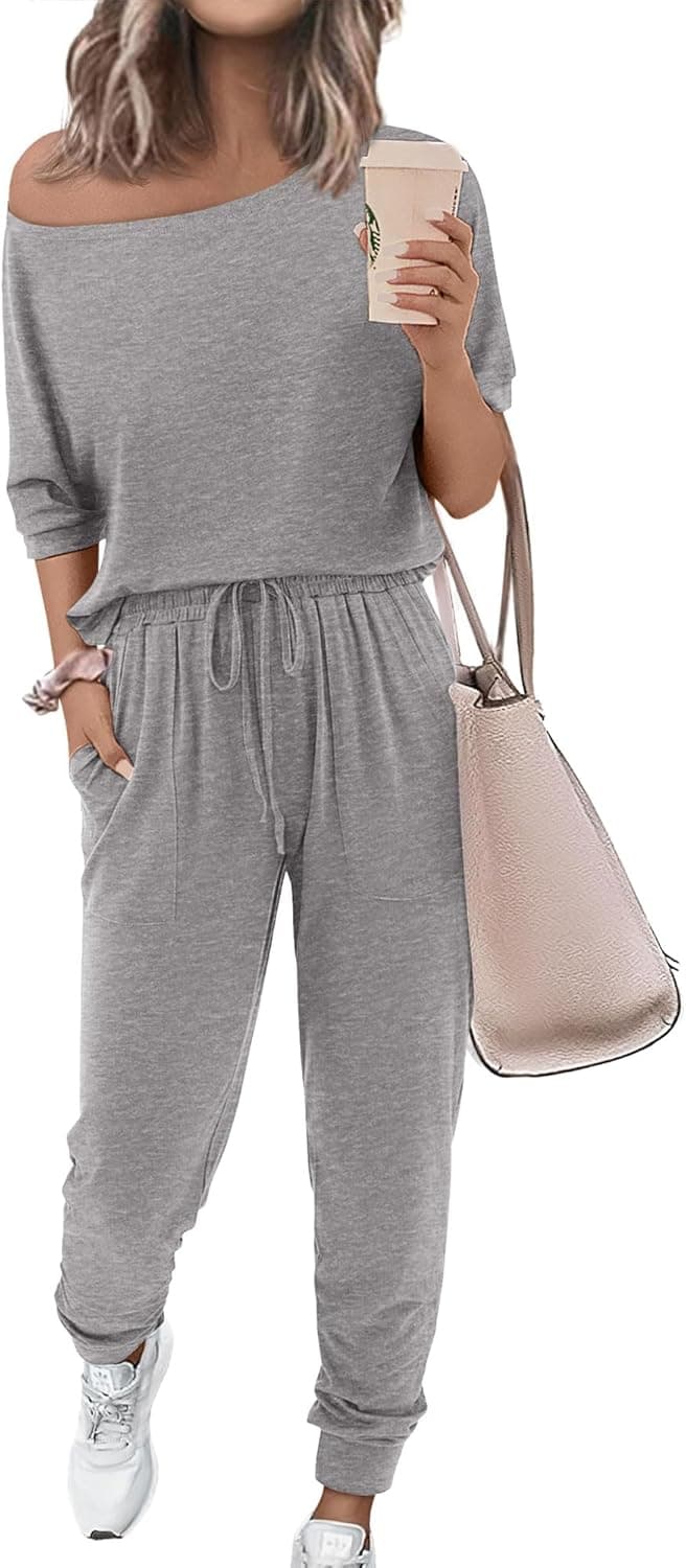 Zenlonr Women Summer 2 Piece Outfits 2026 Off Shoulder Short Sleeve Tops Elastic Waist Drawstring Long Pants Tracksuit