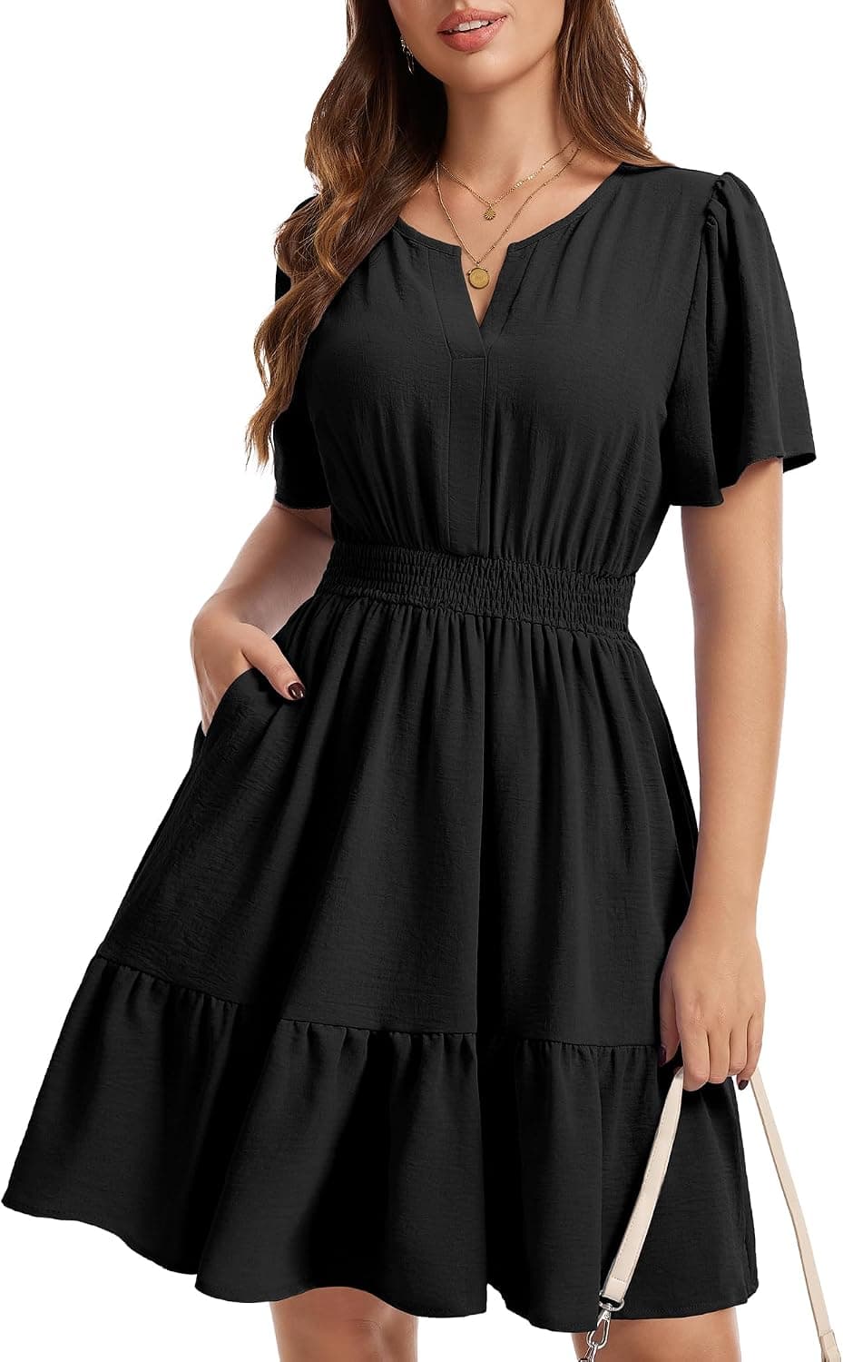 Womens 2026 Summer Casual Dress Ruffle Sleeve Elastic Waist A Line Boho Beach Vacation Sundress with Pockets