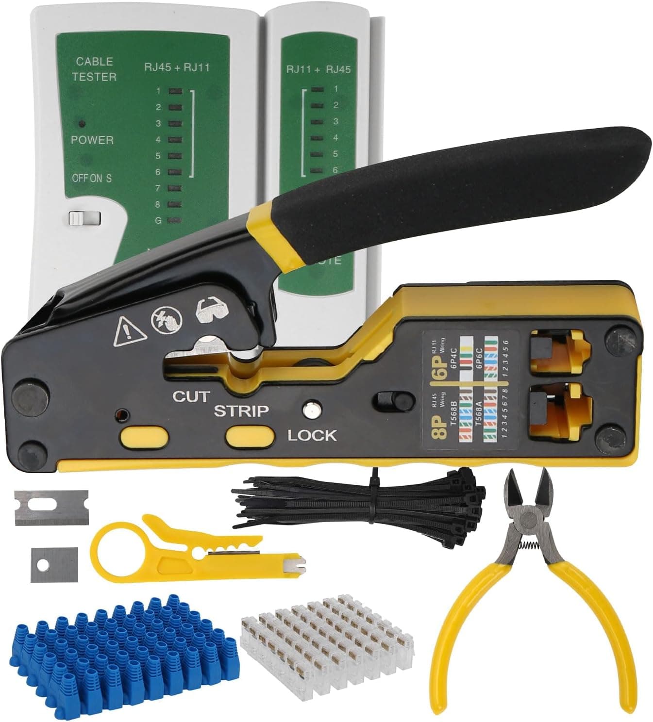 Prowin Pass Through RJ45 Crimper Kit with Cable Tester, Ethernet Crimping Tool for Cat5 Cat5e Cat6 Cat6a & RJ11 RJ12 Connectors (Includes Stripper, Blades) Professional Network Tool Set
