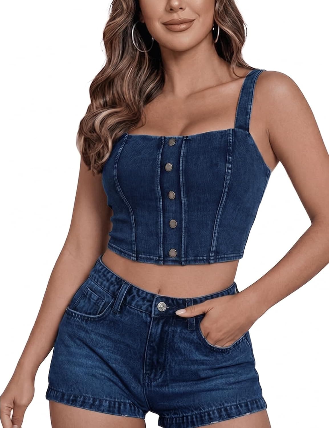 Women Denim Cami Vest Removable Bra Pads Slim Stretch Jean Tank Pull On Square Neck Faux Button Placket Crop Tops