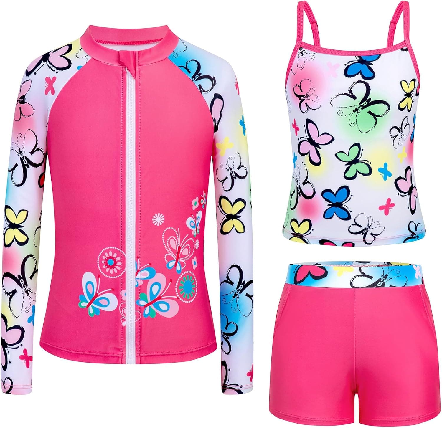 Girls Modest Swimsuit Size 10-12 Zip Up Rash Guard Long Sleeve 3 Piece Bathing Suit with Boyshorts Hot Pink
