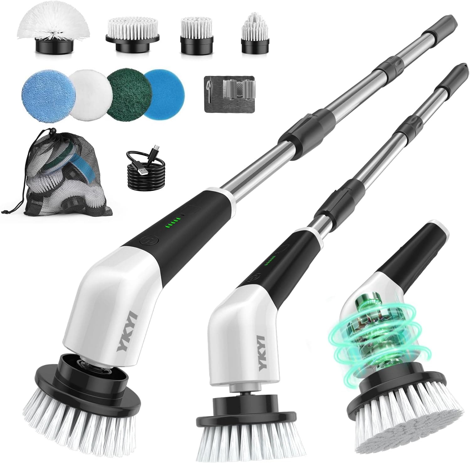 YKYI Electric Spin Scrubber, Cordless Power Scrubber Cleaning Tool with 8 Replaceable Heads and Extension Handle for Bathroom, Tub, Tile, Floor, Grout and Car (White) - image 1