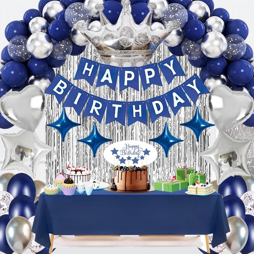 Navy Blue Birthday Party Decorations Set – 92Pcs Set with Banner, Star Garland, Crown, Heart & Star Foil Balloons, Fringe Curtain, Cake Topper, Tablecloth, Latex & Confetti Balloons for Men & Women - image 1