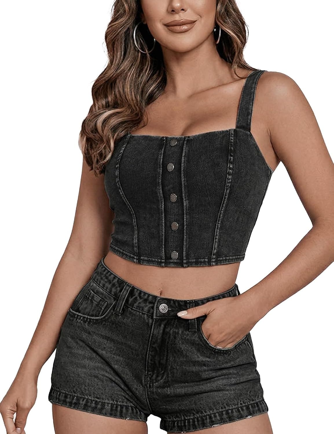 Women Denim Cami Vest Removable Bra Pads Slim Stretch Jean Tank Pull On Square Neck Faux Button Placket Crop Tops