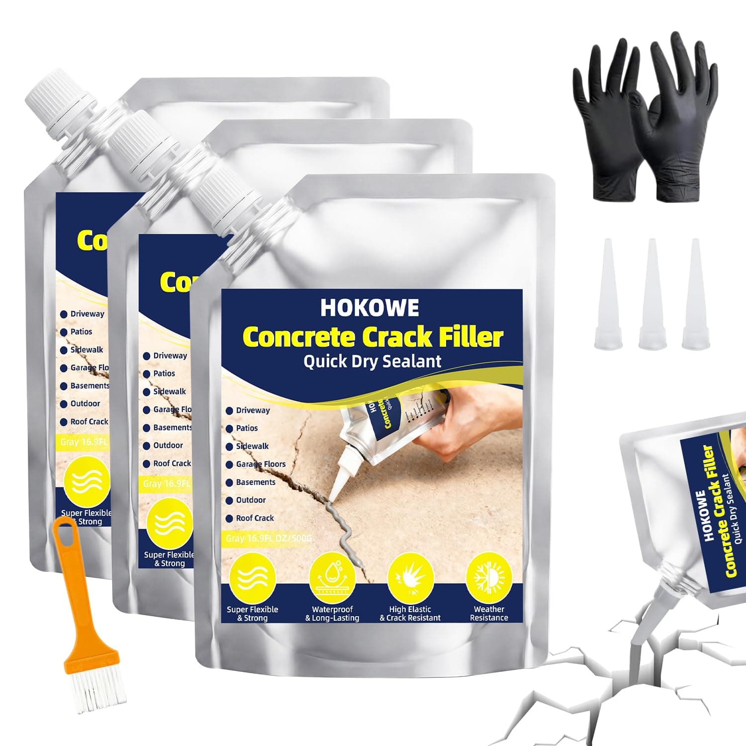 Concrete Crack Filler 3-Pack, Gray Self-Leveling Cement Crack Filler, Waterproof Quick-Dry Sealant for Driveway, Foundation, Patio, Walkway & Outdoor Concrete Repair