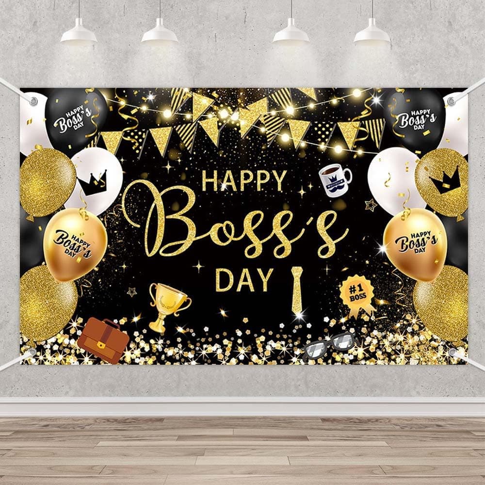 MEHOFOND Happy Boss's Day Backdrop, Black and Gold Best Boss Ever Banner - image 1