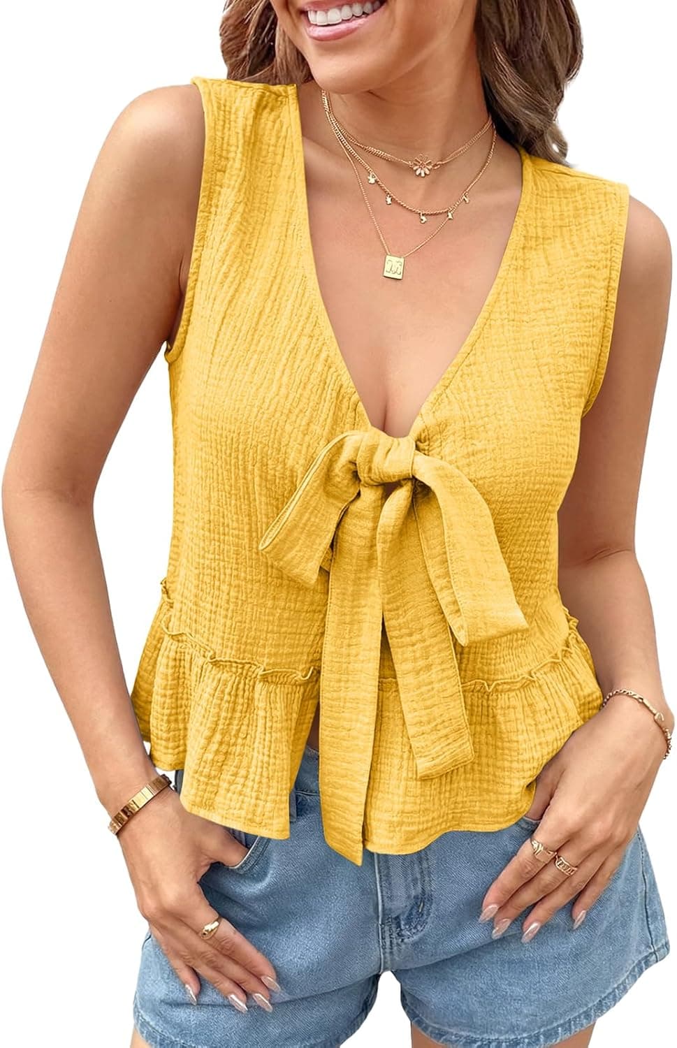Cicy Bell Womens Babydoll Tank Tops V Neck Bow Tie Front Sleeveless Summer Shirts Sexy Peplum Flowy Flared Tops - image 1