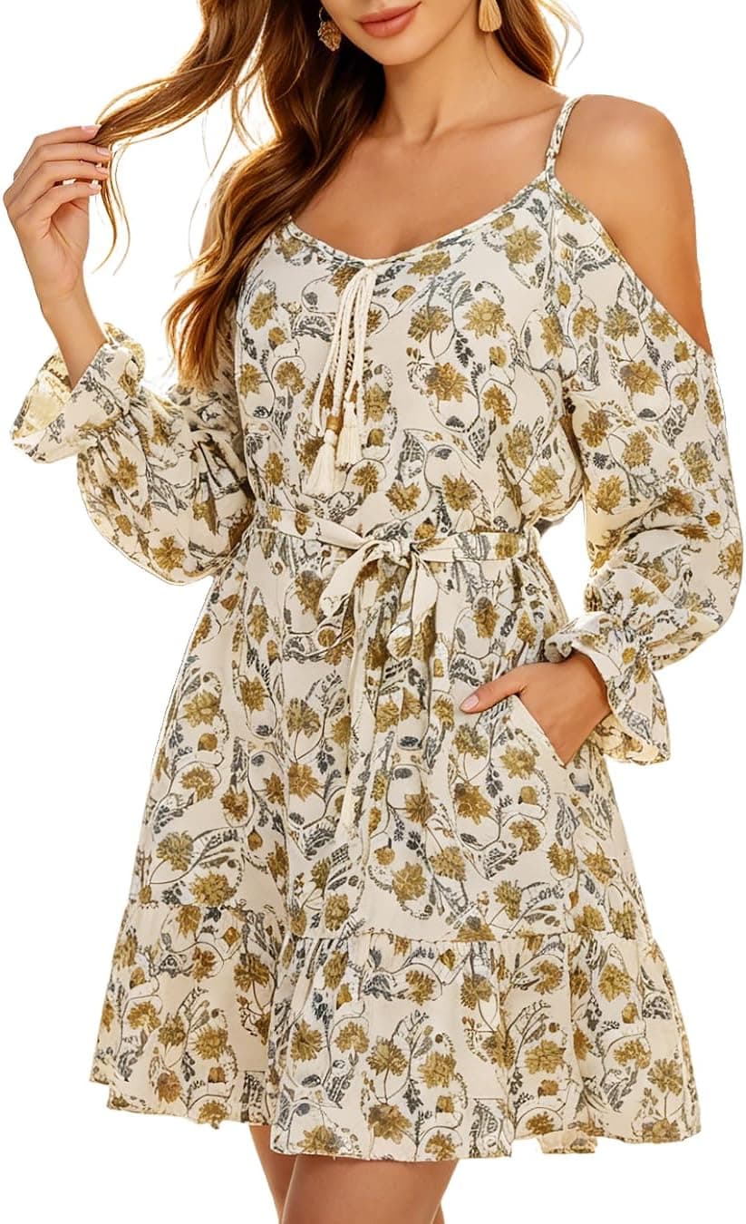 Women's Off the Shoulder Adjustable Spaghetti Strap Shift Belt Dresses with Pockets Summer Bohe Beach Cover Up - image 1