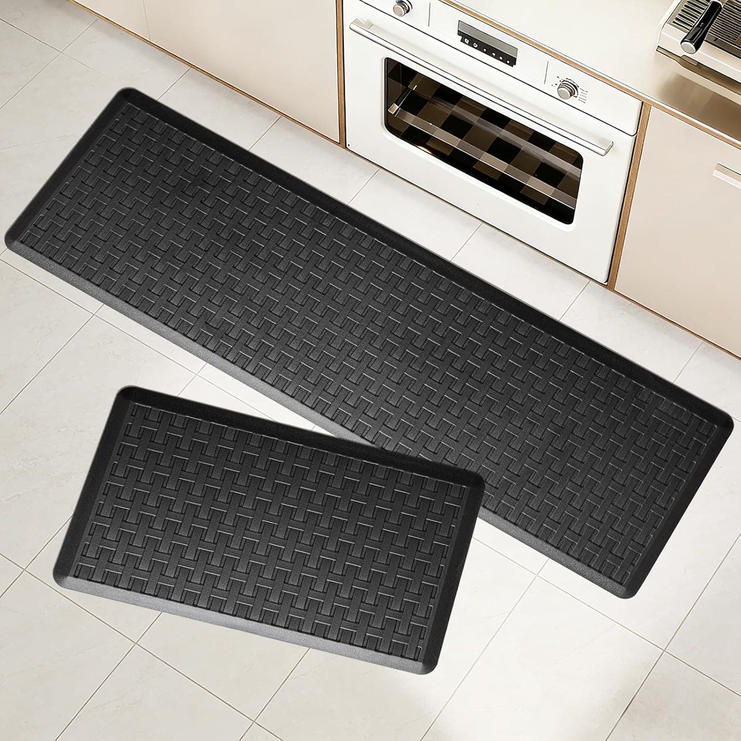 2PCS UKISS Kitchen Rugs, Cushioned Anti Fatigue Kitchen Mats for Floor, Waterproof Kitchen Rug,Non-Slip Comfort Standing Mat for Kitchen (Black, 17.3"x28"+17.3"x60")