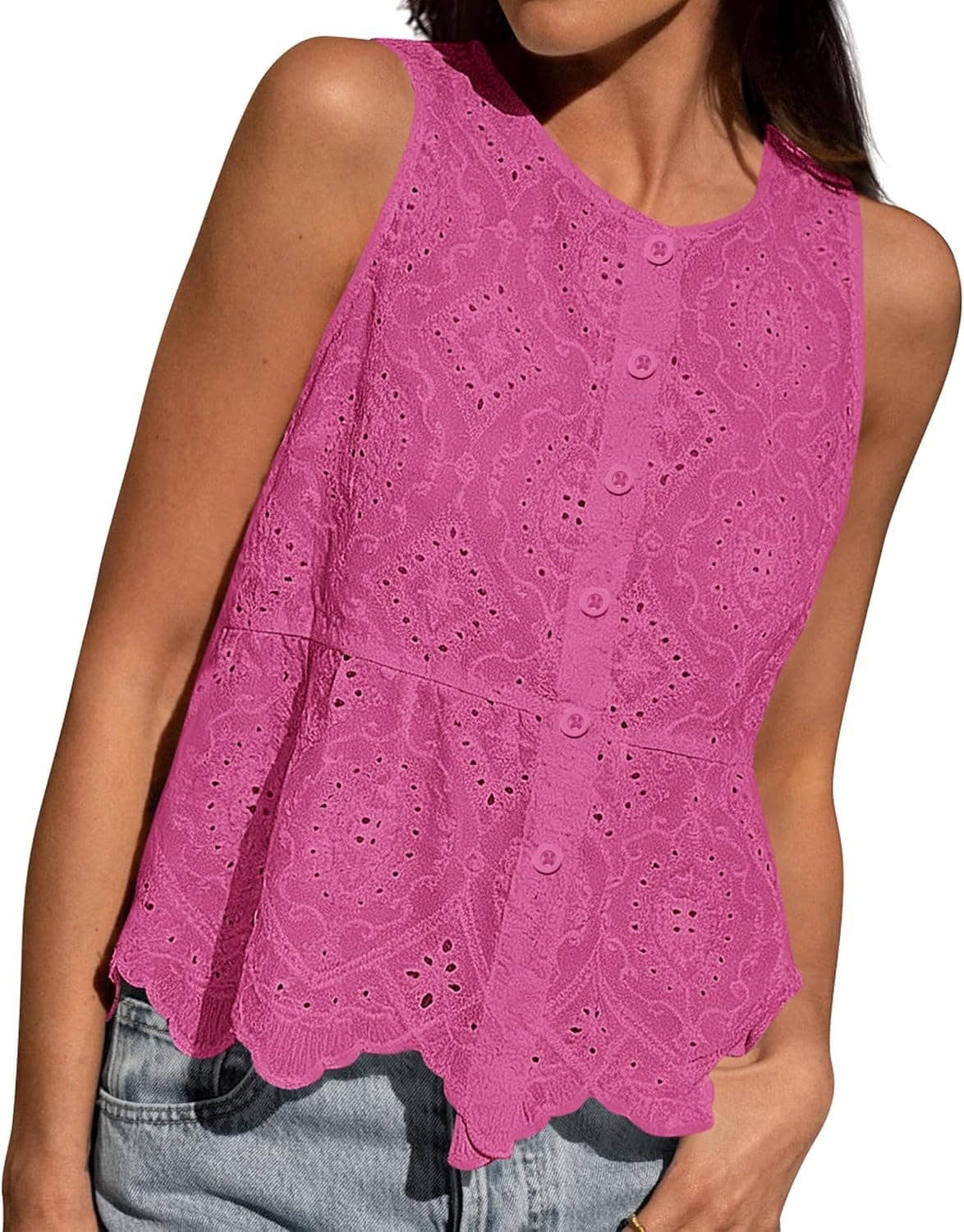BTFBM Womens Tank Tops 2026 Summer Casual Sleeveless Button Down Shirts Embroidered Eyelet Blouse Beach Vacation Clothes - image 1