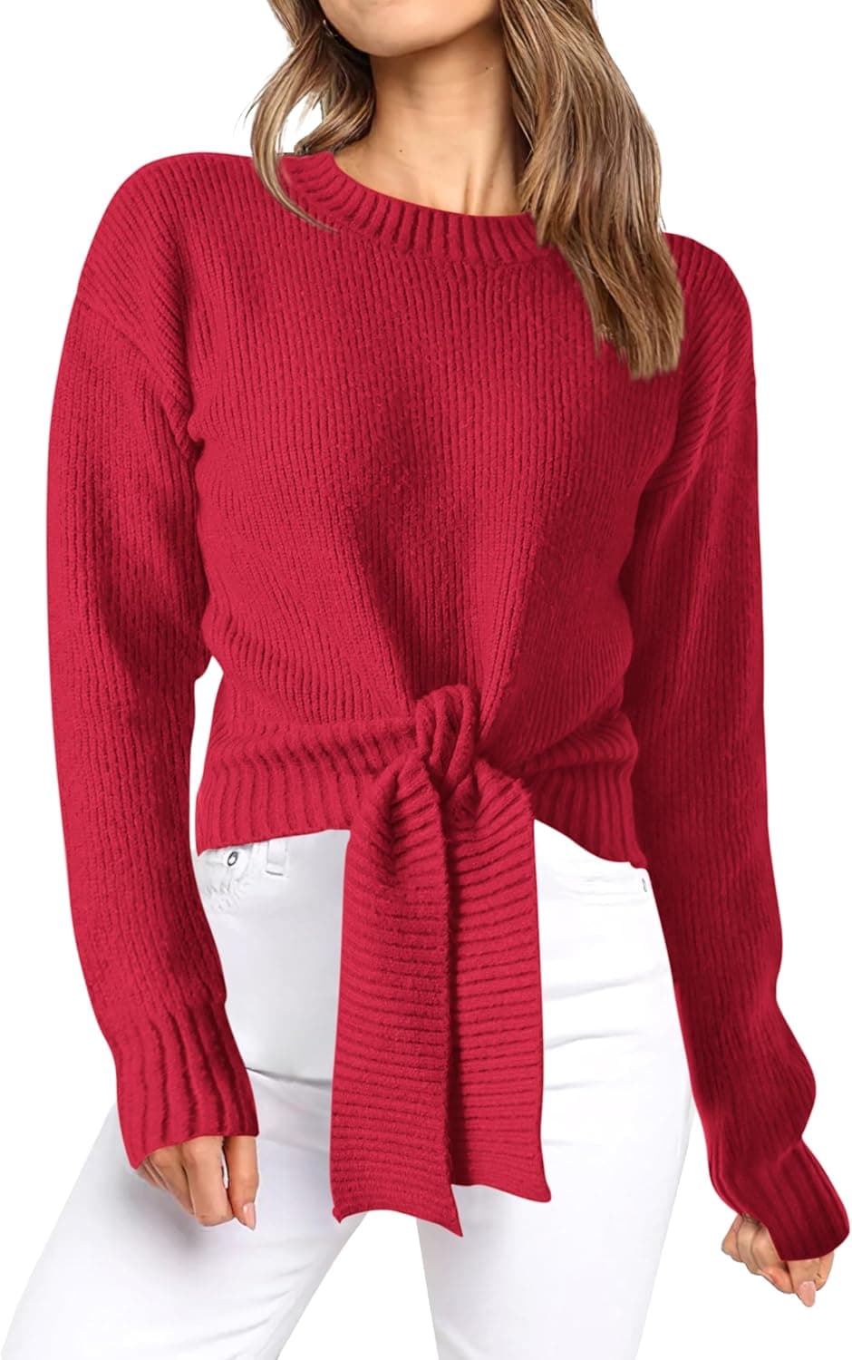 Okiwam Women's Long Sleeve Cropped Sweaters Casual Knit Pullover Tie Front Crew Neck Fall Outfits Spring Fashion Clothes 2026 - image 1