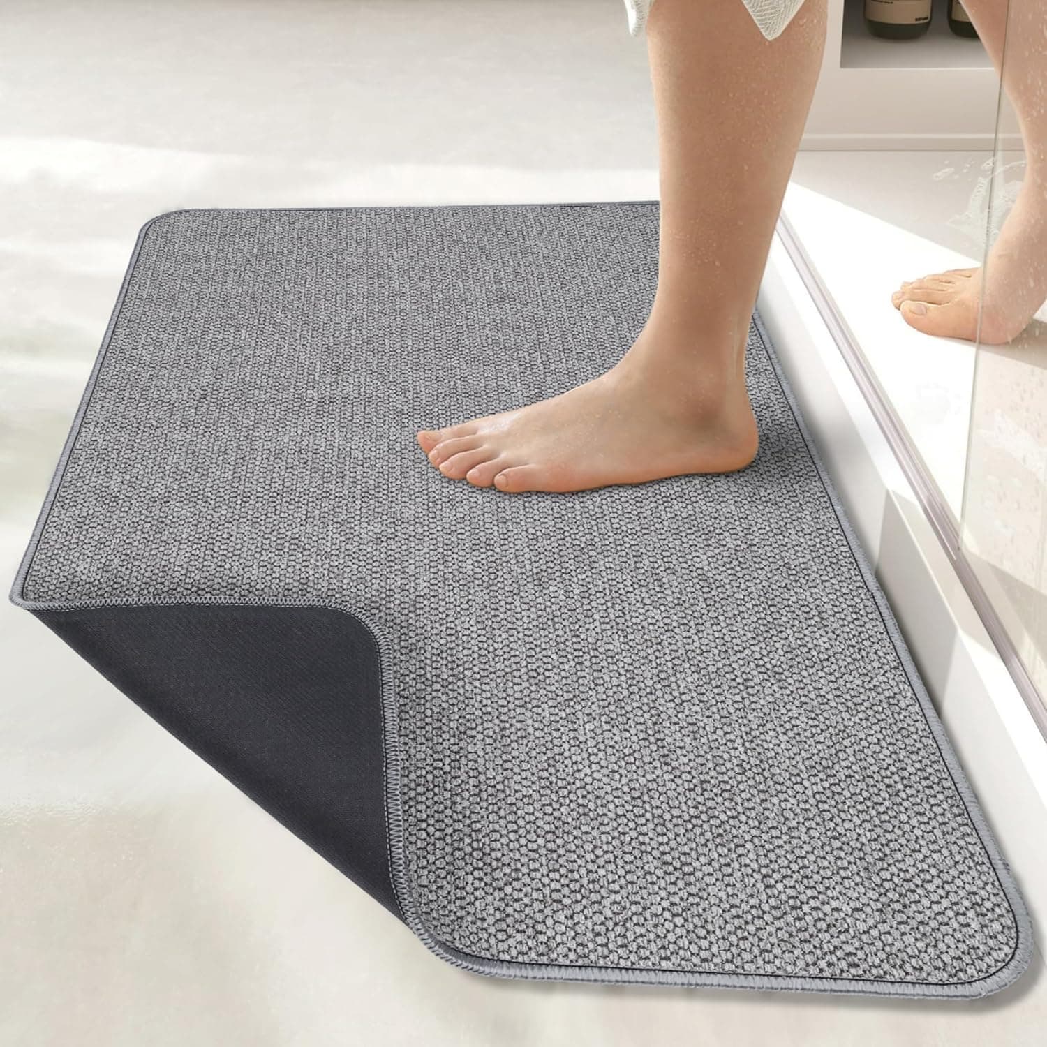 Bath Mat, Ultra Thin Bathroom Rugs, Rubber Bath Mats for Bathroom, No Slip Bath Rugs, Quick Dry, Machine Washable, Low Pile, Absorbent, Shower Outside, Sink, Home Decor Accessories. Grey, 1'5"x2'3"(17x27Inch)