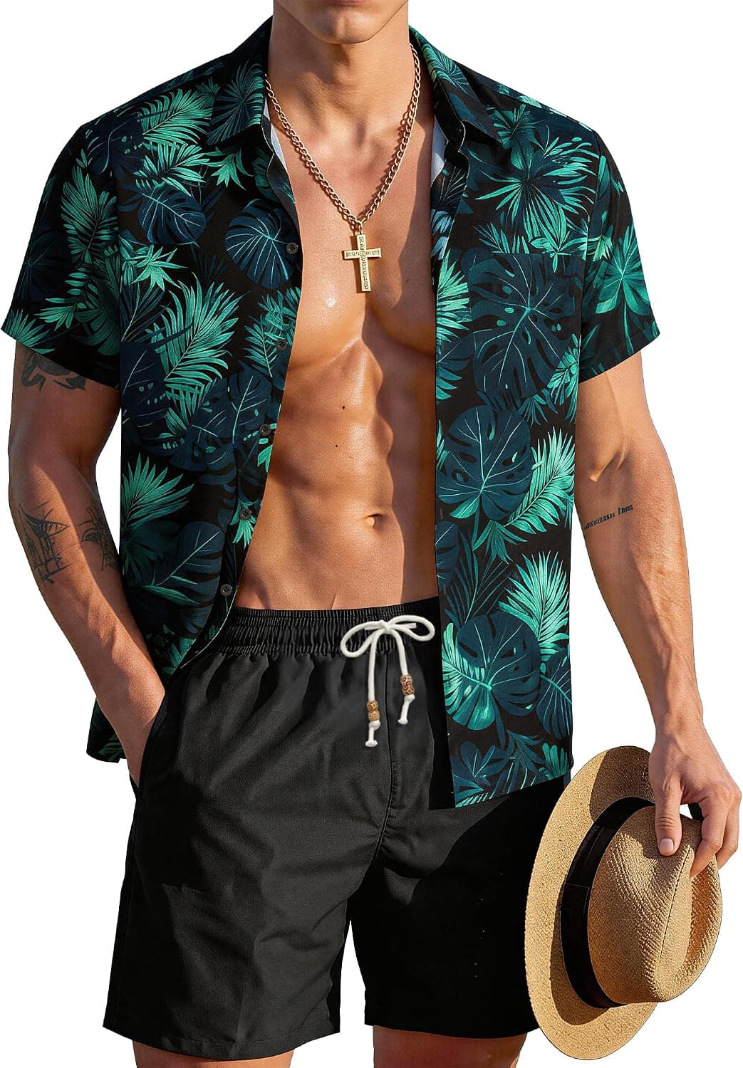 Men's Hawaiian 2 Piece Outfits Floral Button Down Shirts & Linen Shorts Sets Summer Beach Travel Clothes
