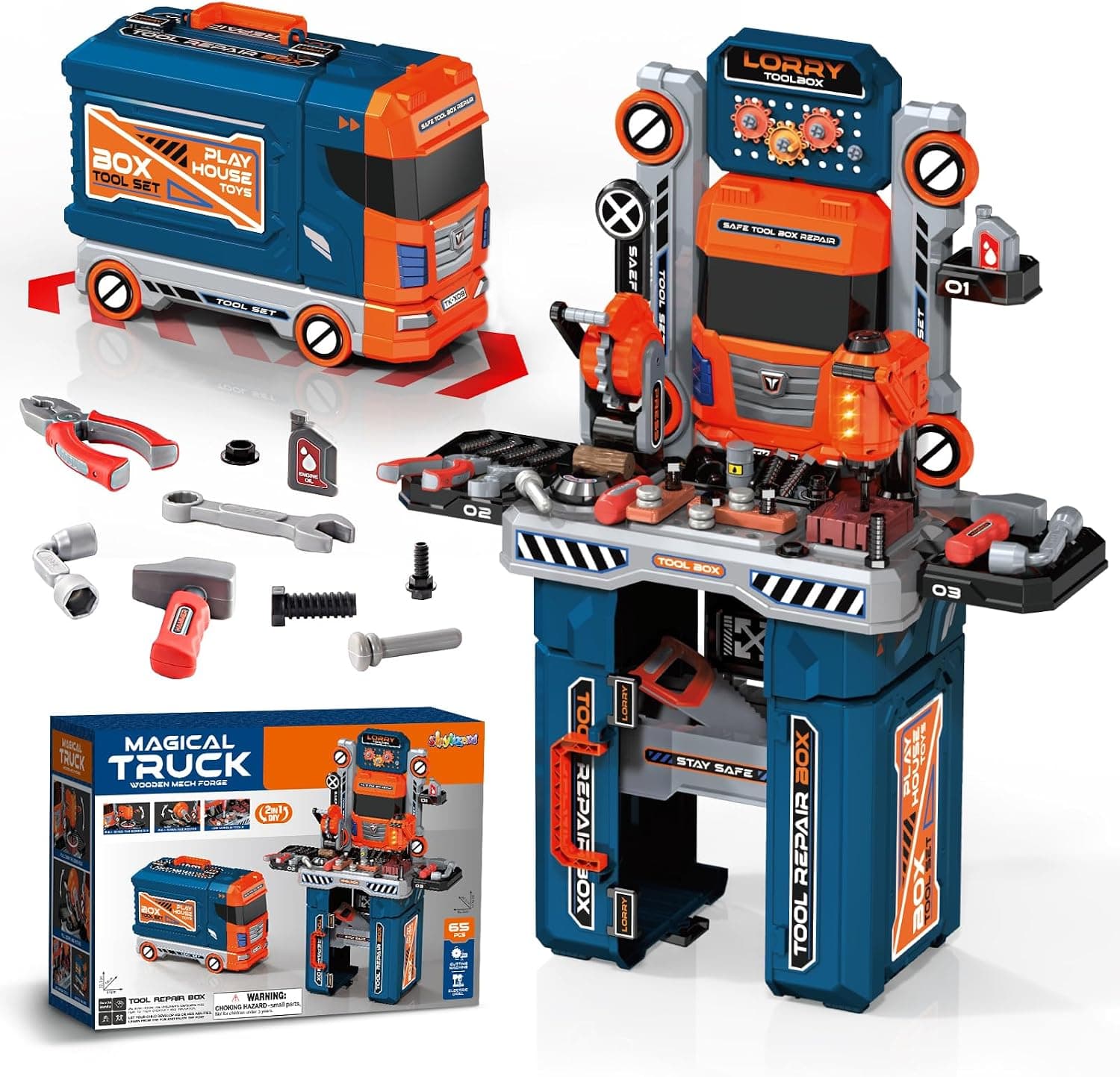 65 Pcs Kids Tool Set, 2-in-1 Kids Tool Box & Bench, Toddler Tool Set with Electric Drill and Power Miter Saw, Workbench for Boys Age 3 4 5 6 7 8 Year Old - image 1