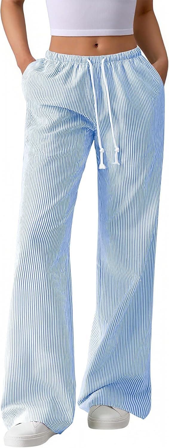 BTFBM Striped Wide Leg Pants for Women Spring Summer 2026 Drawstring Lounge PJ Beach Bottoms Casual Trousers Pockets - image 1