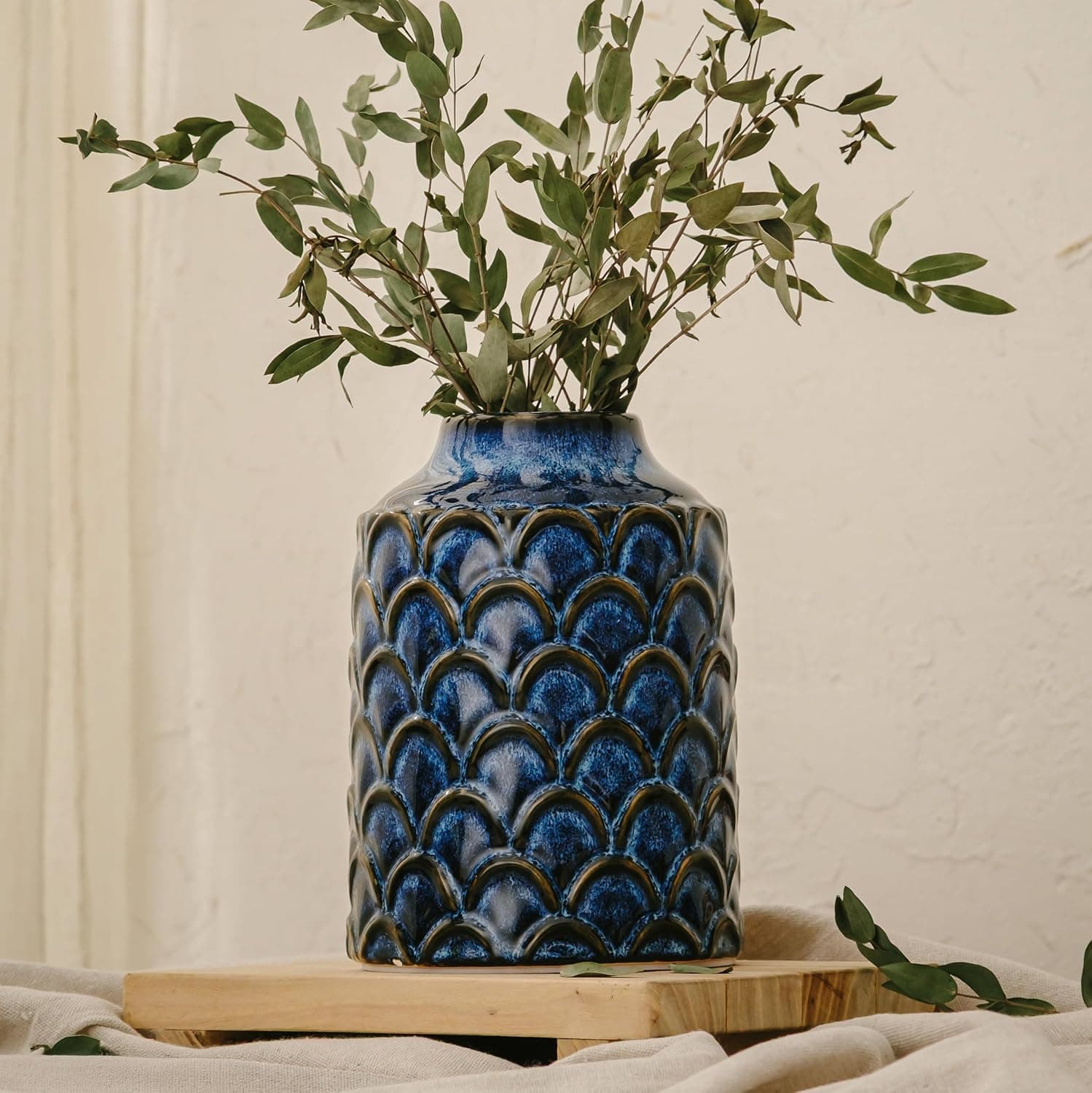 7.28” Blue Ceramic Flower Vase, Rustic Farmhouse Decorative Vase for Home Decor, Centerpiece, Living Room, Bedroom, Kitchen, Entryway & Mantel
