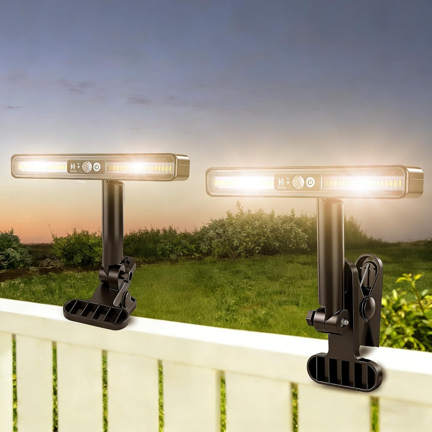 BORUIT Clip On Solar Lights Outdoor, 600LM Solar Fence Light with Motion Sensor, Adjustable Angle, 3 Modes Warm Light for Outside, Deck, Gutter, Garage,Yard (2 Pack)