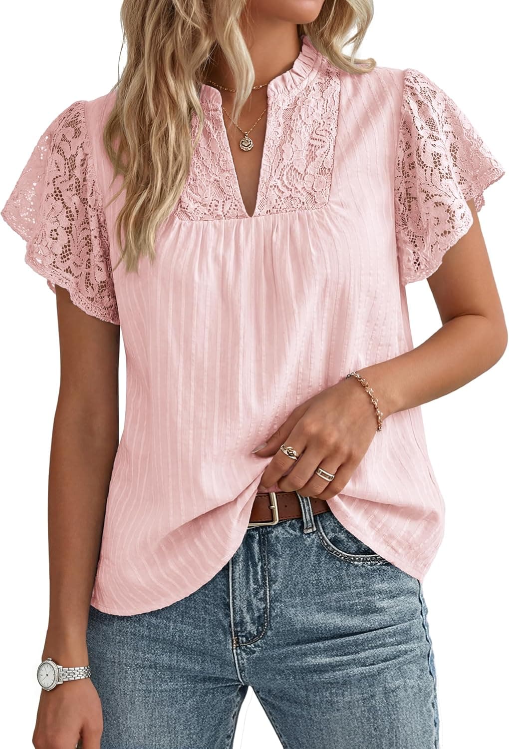 GRACE KARIN Womens Lace Short Sleeve Tops Summer Dressy Casual Cotton Blouses Flowy V Neck Dress Shirts Trendy Clothing 2026