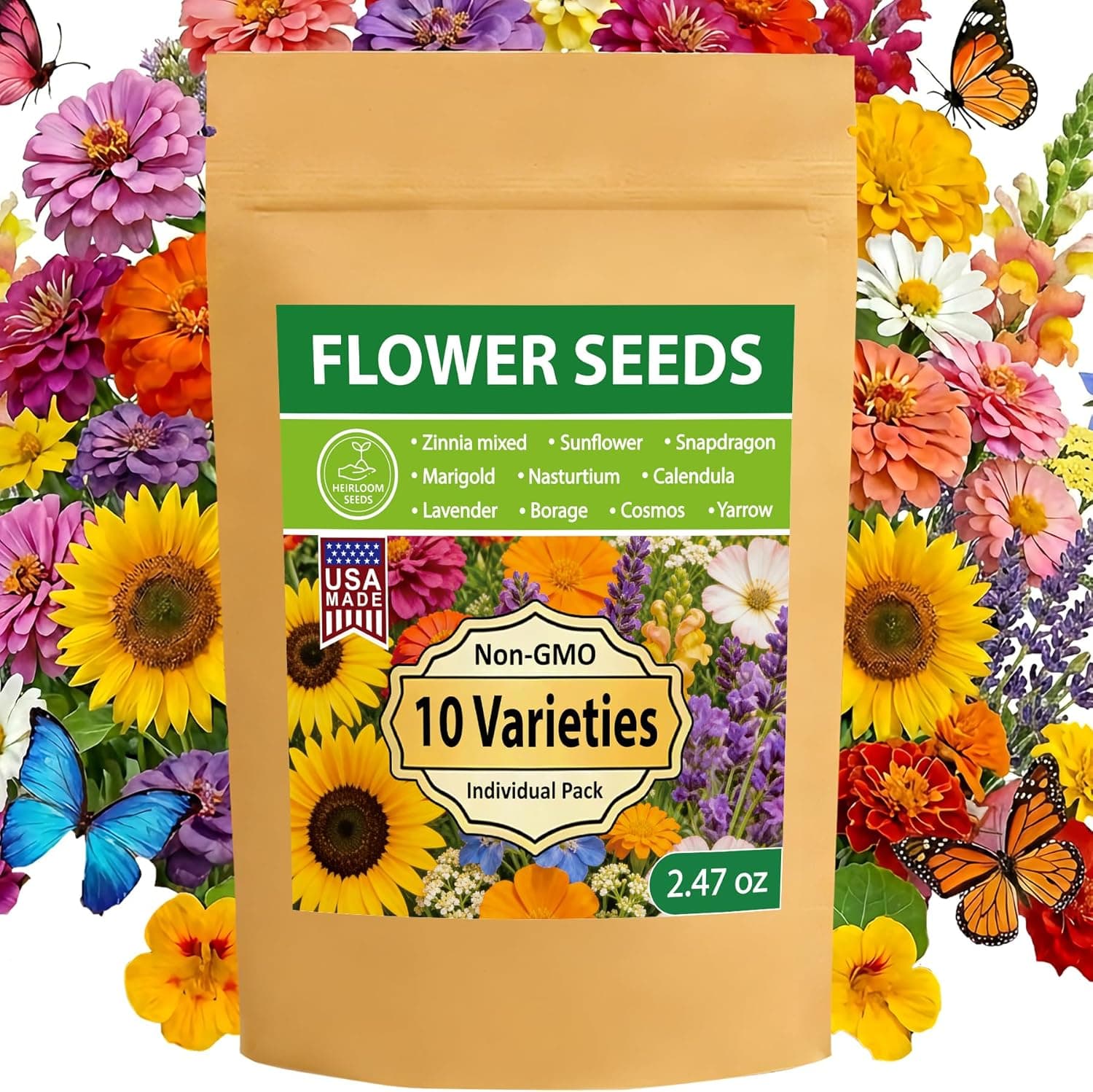 10 Varieties Flower Seeds in Individual Packs, 66,600+ Non-GMO Seeds Indoor Outdoor, Includes Zinnia Lavender Sunflower Marigold Cosmos Nasturtium Snapdragon Borage Yarrow Calendula, Wildflower Seeds - image 1