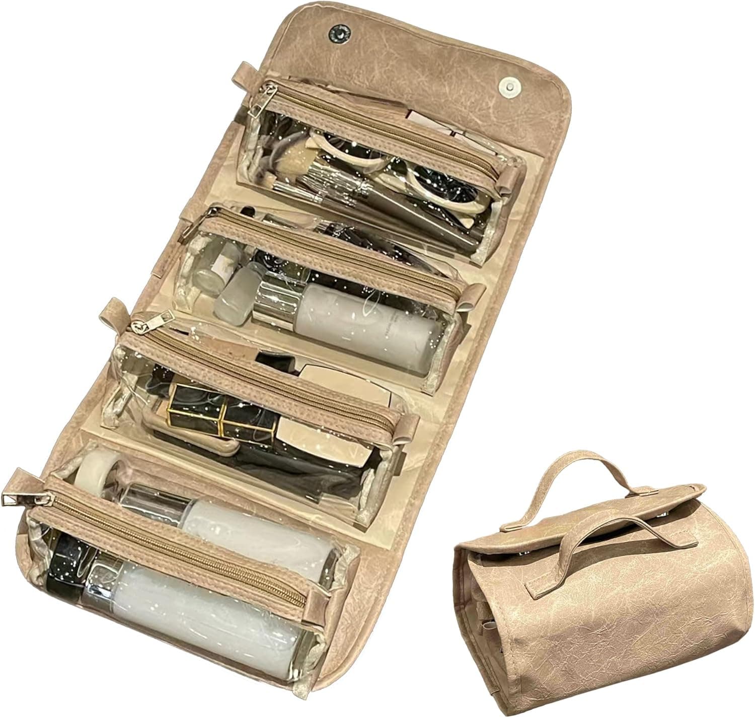 4-IN-1 Detachable Cosmetic Bag, Foldable Waterproof PU Leather Makeup Bag, Portable Travel Toiletry Organizer Bag for Women Daily & Travel Use (Classic Camel) - image 1
