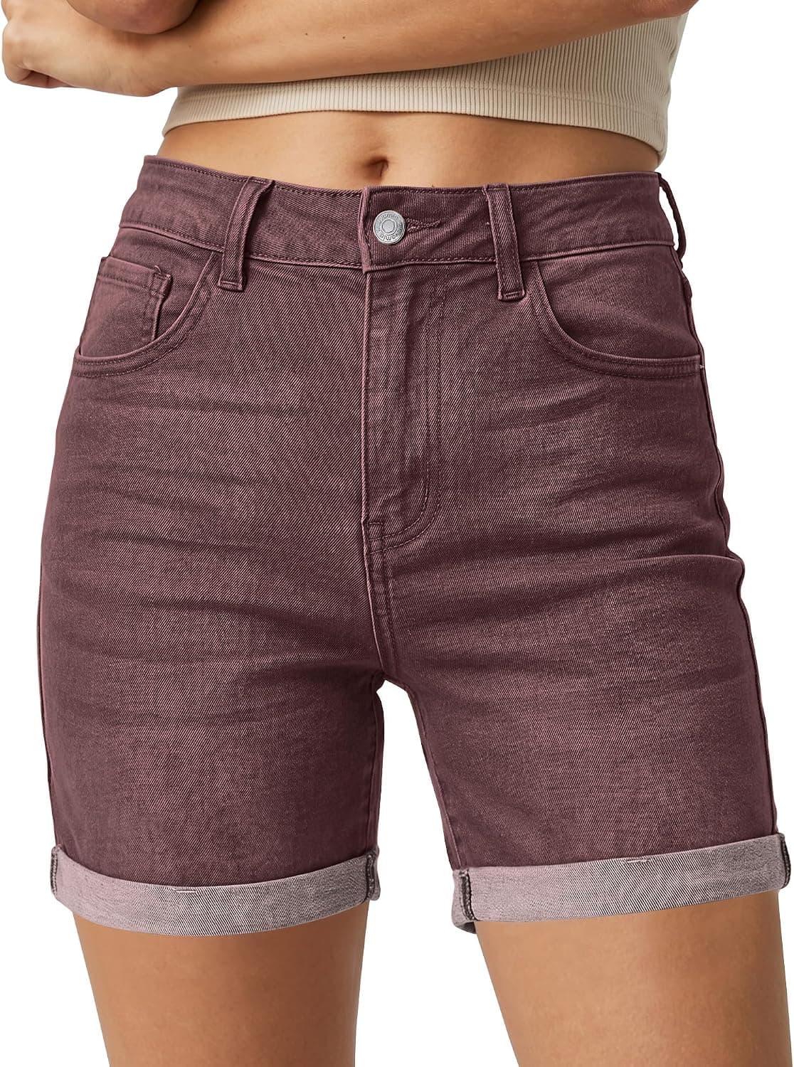 luvamia Jean Shorts for Women High Waisted Trendy Mid Thigh Long Cuffed Hem Stretchy Denim Shorts Casual Summer Jorts