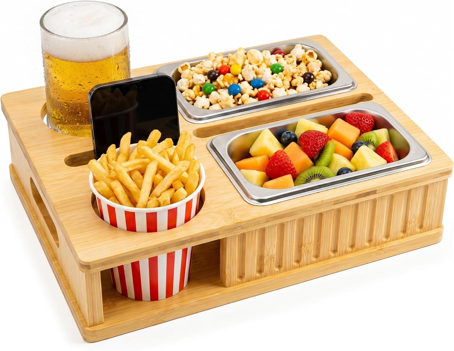 Couch Caddy - Bamboo Couch Console with Anti-Spill Cup Holder & Snack Tray | Sofa Organizer for Drinks, Phone & Remotes | Versatile Bed Snack Tray for Movie Nights - image 1