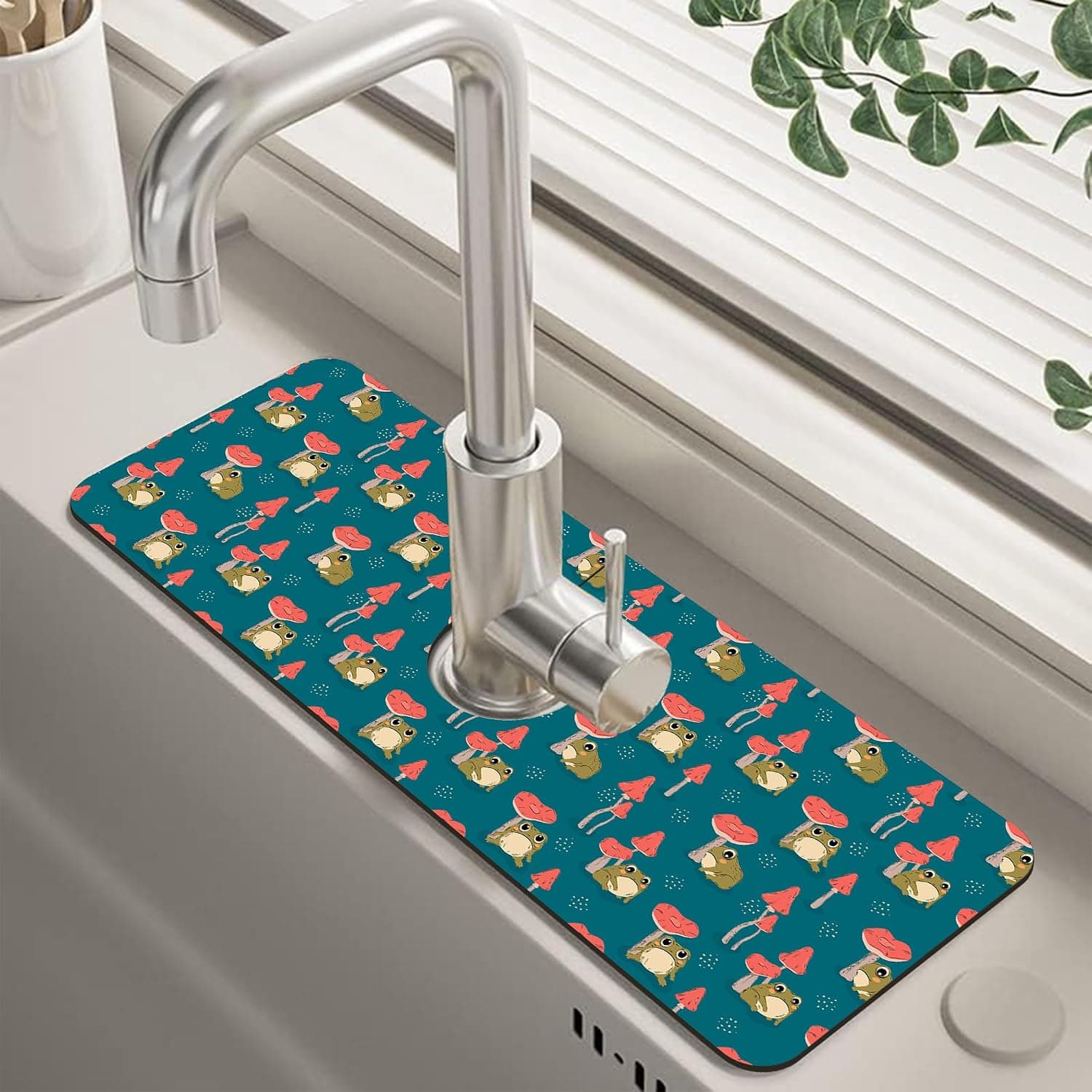 Cute Frog and Mushrooms Dish Drying Mat for Kitchen Sink Splash Guard Behind Faucet Sink Mat Absorbent Fast Drying Faucet Draining Mat for Bathroom Kitchen 5.5"×15" - image 1