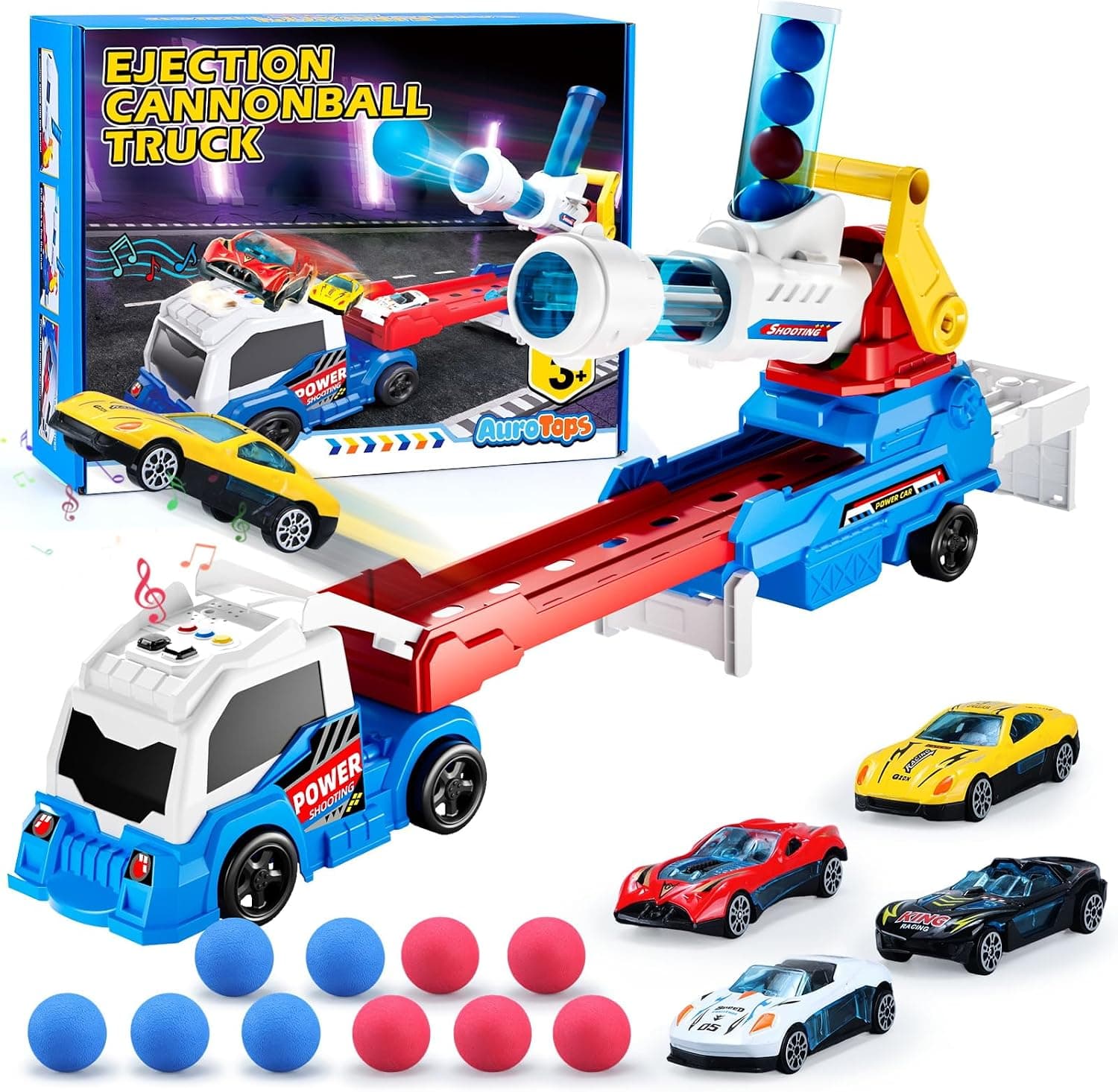 Boy Toys Age 3 4 5 6 Year Old Boy Gifts for Kids Gifts Toy Trucks with Light & Sounds Toys for Kids Age 3 4 5 6 7 8 Years Old, Include Eejection&Shooting Truck,4 Racing Cars