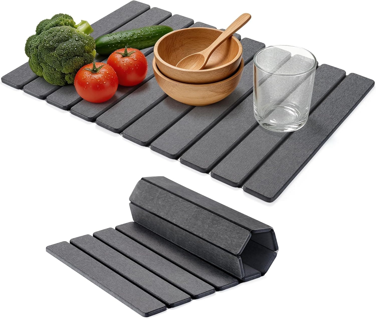 Large Stone Dish Drying Mat for Kitchen Counter – 24"×16" Collapsible Diatomaceous Earth Mat, Ultra Absorbent & Quick Dry, Foldable Drying Pad for Dishes, Bottles, Cups (Dark Grey) - image 1