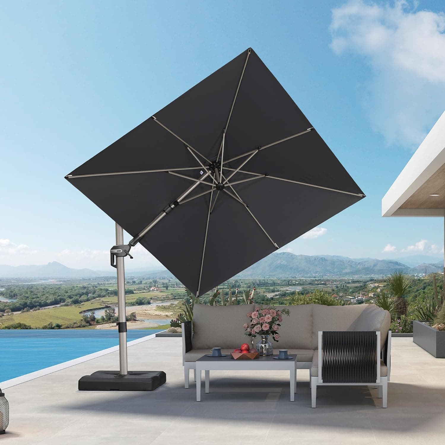 PURPLE LEAF 8' X 8' Left-right Tilting Patio Umbrella Outdoor Swivel Cantilever Umbrella Aluminum Offset Umbrella with Champagne Frame and 360-degree Rotation for Garden Deck Pool, Grey - image 1