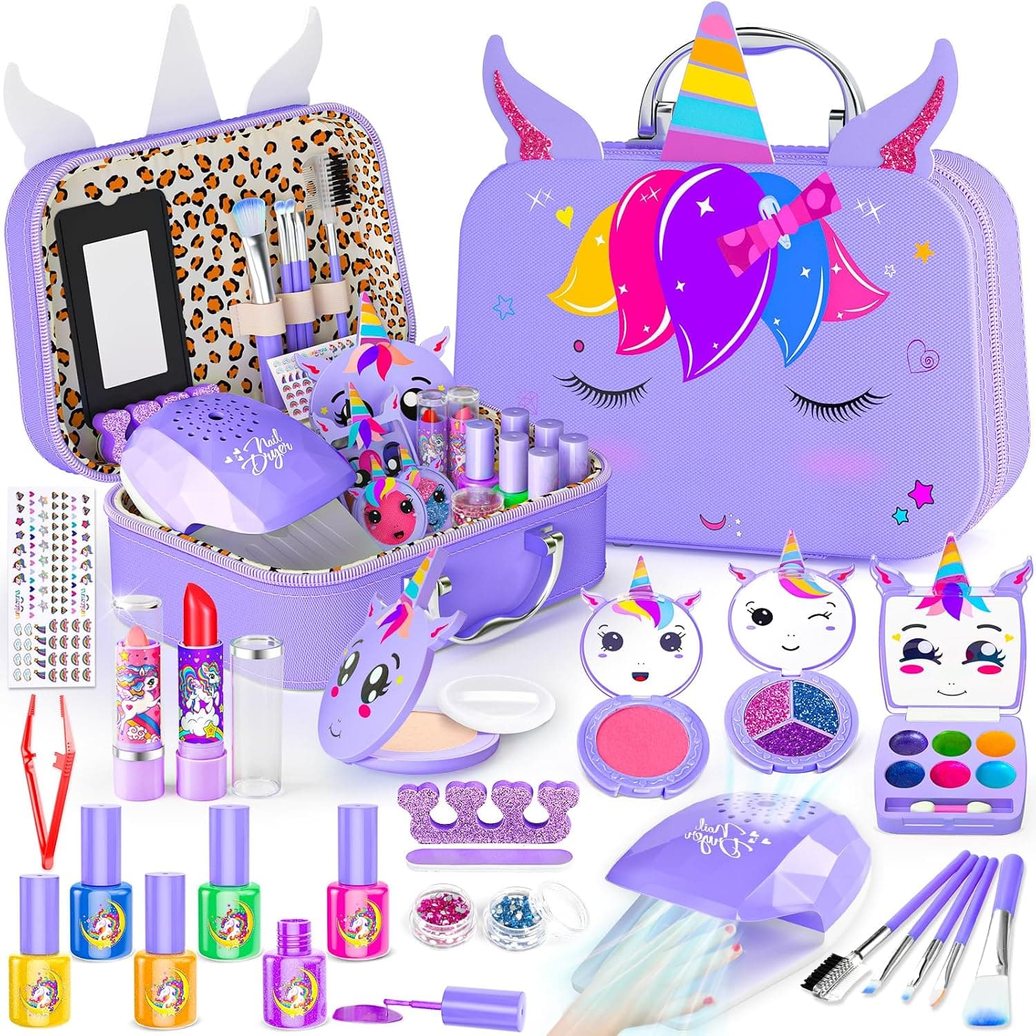 2 in 1 Kids Washable Makeup & Nail Art Kit - Unicorn Princess Set for Girls (Ages 3-12)