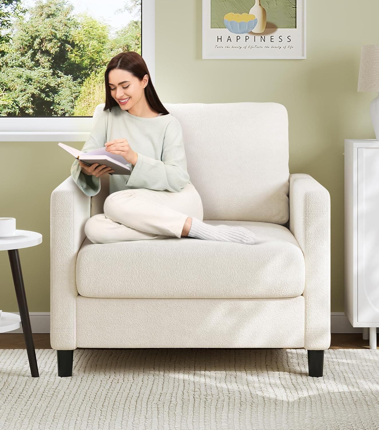 Welzona Sofa Accent Chair, 33" Reading Chair for Bedroom, Tool-Free Setup Living Room Accent Chairs, Comfy Arm Chairs Living Room, All-Wood Reading Nook, Beige - image 1