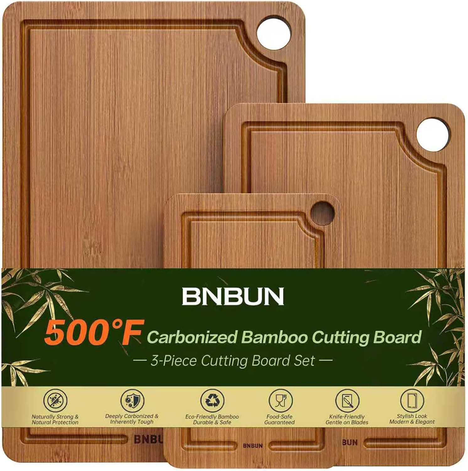 Bamboo Cutting Board for Kitchen – 3-Piece Wooden Boards with Juice Grooves, Side Handles, Non-Slip Mats – Perfect for Meat, Veggies, Fruit – Ideal Kitchen Gift