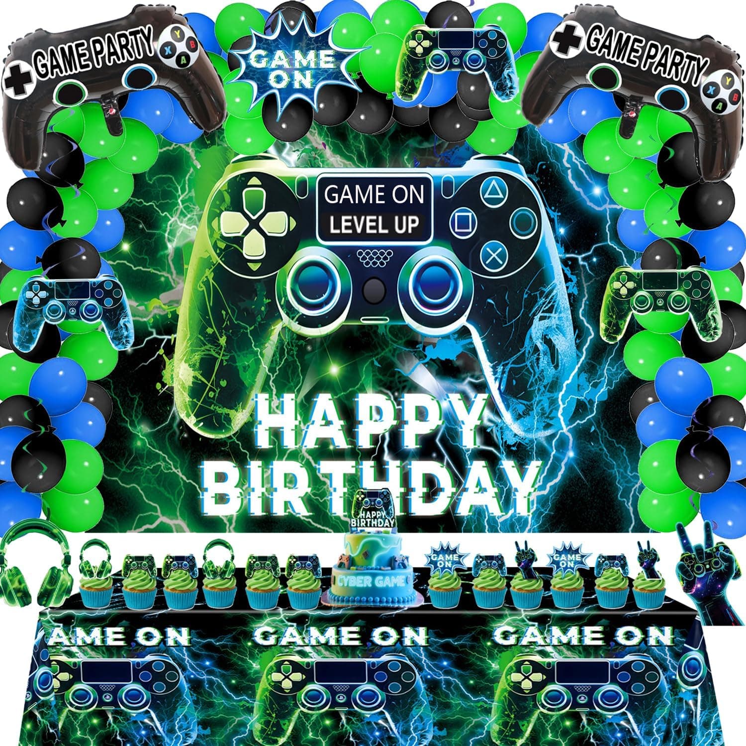 Video Game Party Decorations Set – 77Pcs Gamer Birthday Supplies with Backdrop, Table Cover, Hanging Swirls, Cake Toppers, Foil Balloons for Boys & Kids Party - image 1