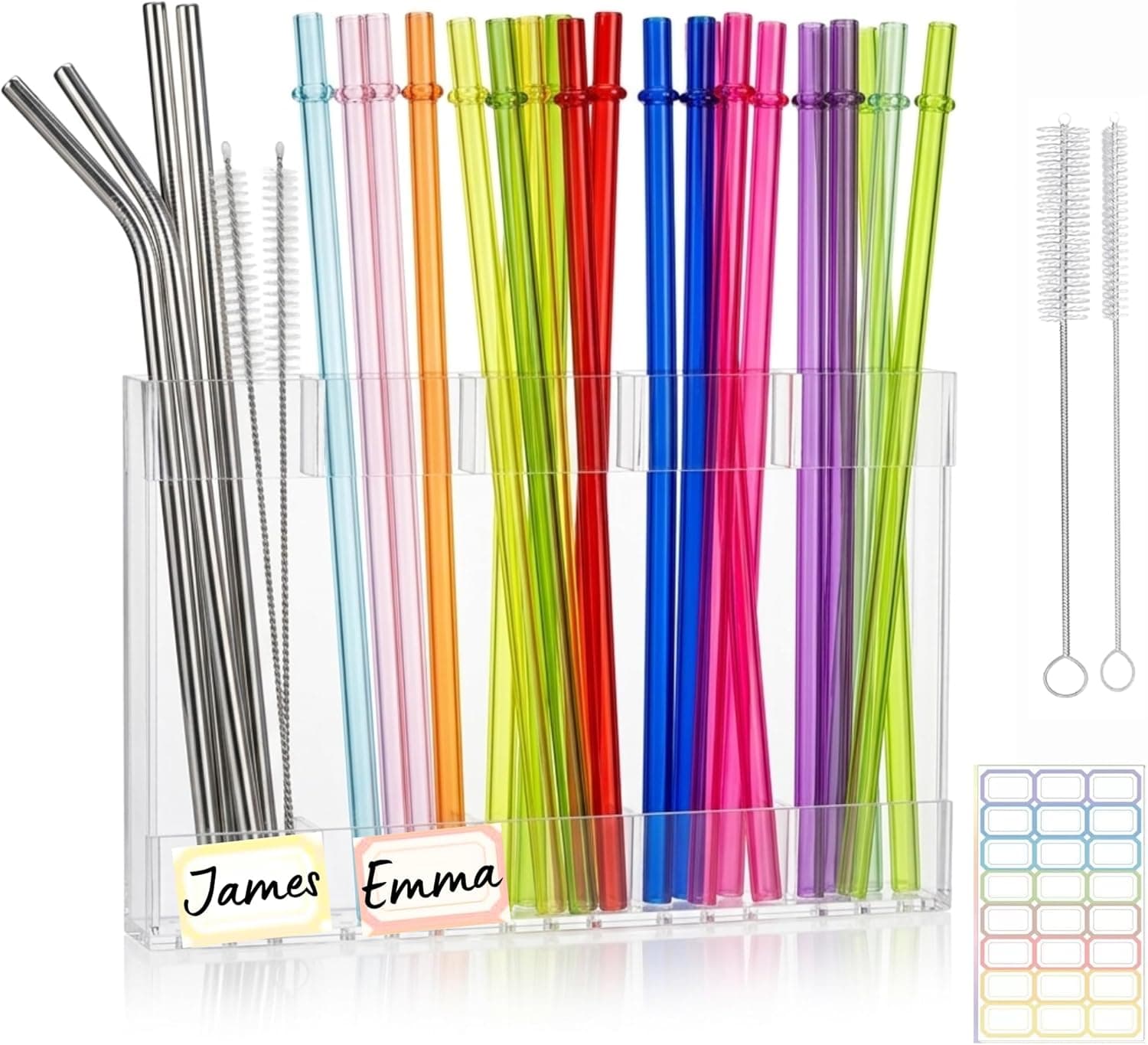 New Upgrade 9.5" Large Acrylic Straw Holder for Cabinet Door & 2 Straw Brushes, Ultra Sticky Adhesive Tape, Transparent Reusable Straw Dispenser, Organizer, Space-Saving Container for Kitchen