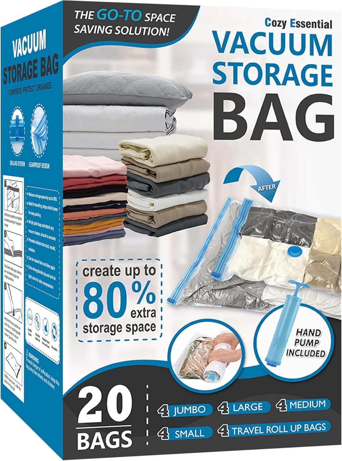Vacuum Storage Bags with Hand Pump, Vacuum Seal Space Saver Bags,20 Combo - image 1