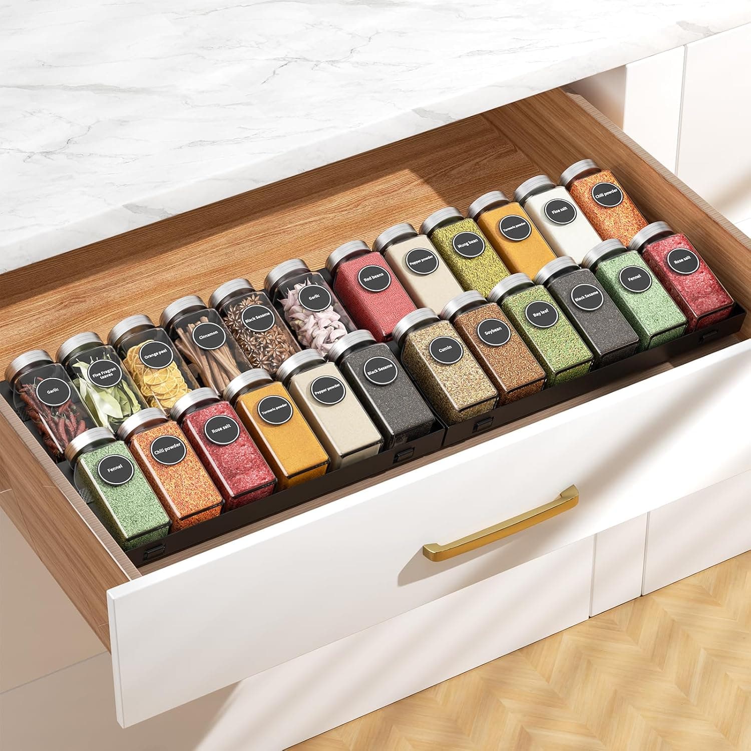 4 Tier Spice Drawer Organizer, (Need 3.5" Deep Drawer) 4 Pack Metal Non-Slip Spice Rack for Drawer Free Combination, Adjustable Spice Rack Drawer Insert, Spice Organization for Drawer
