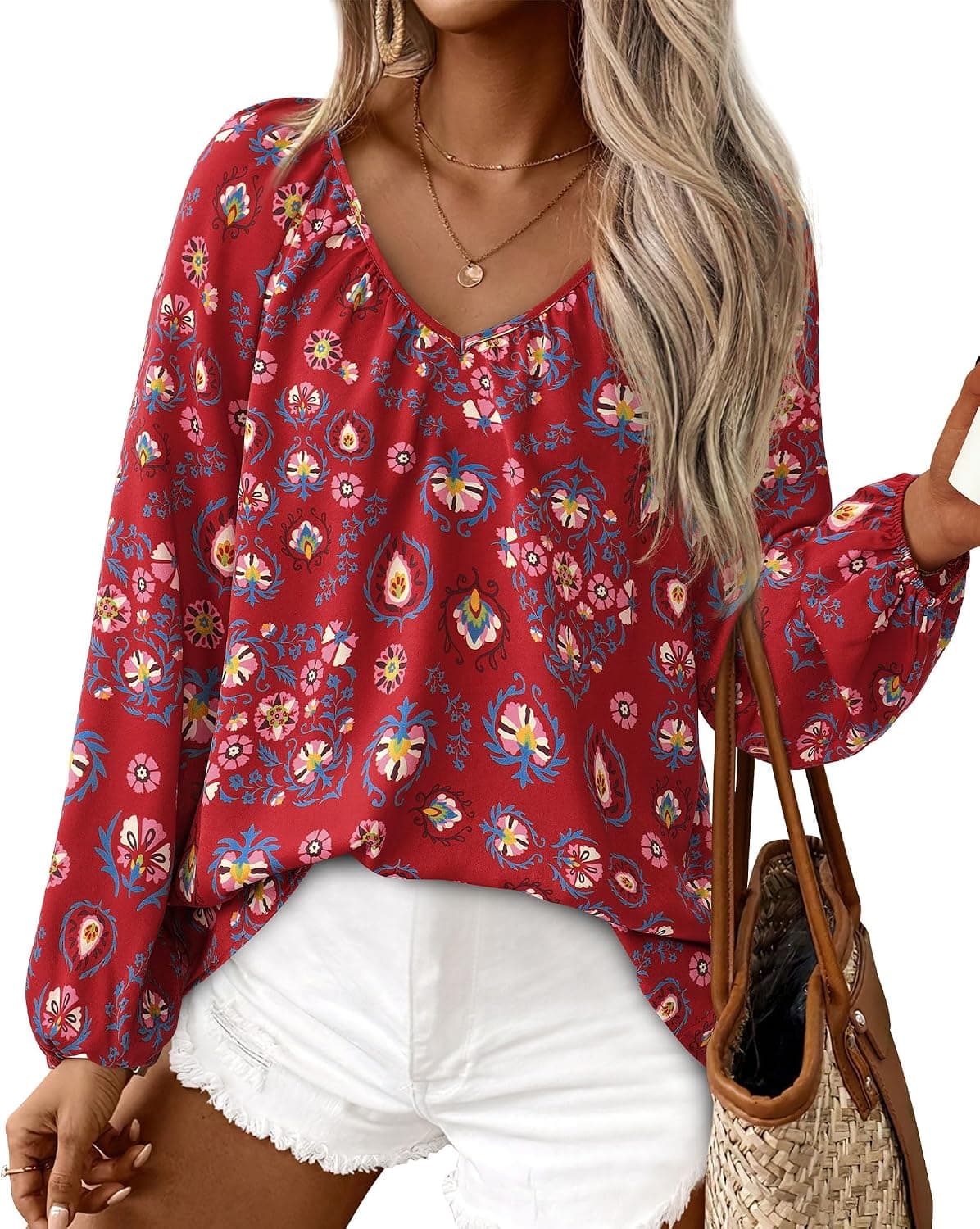 Zenlonr Women's Summer Tops Dressy Casual 2026 V Neck Satin Silk Printed Shirts Boho Long Sleeve Work Blouses - image 1