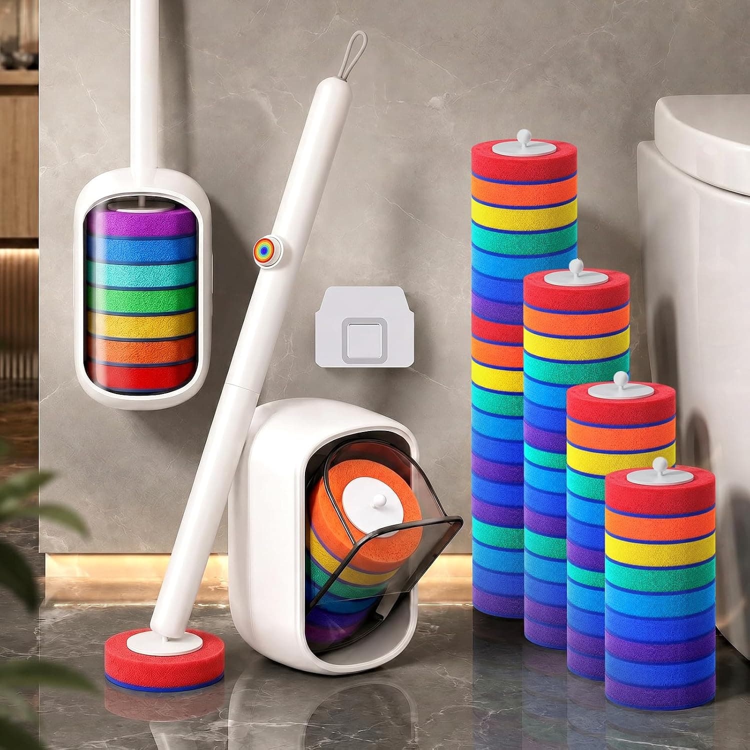 Disposable Toilet Brush, Wall Mounted Toilet Bowl Brush with 35 Colorful Refills, Toilet Bowl Cleaner Brush with Storage Box for Deep Bathroom Toilet Cleaning (1 Handle + 35 Colorful Refills).