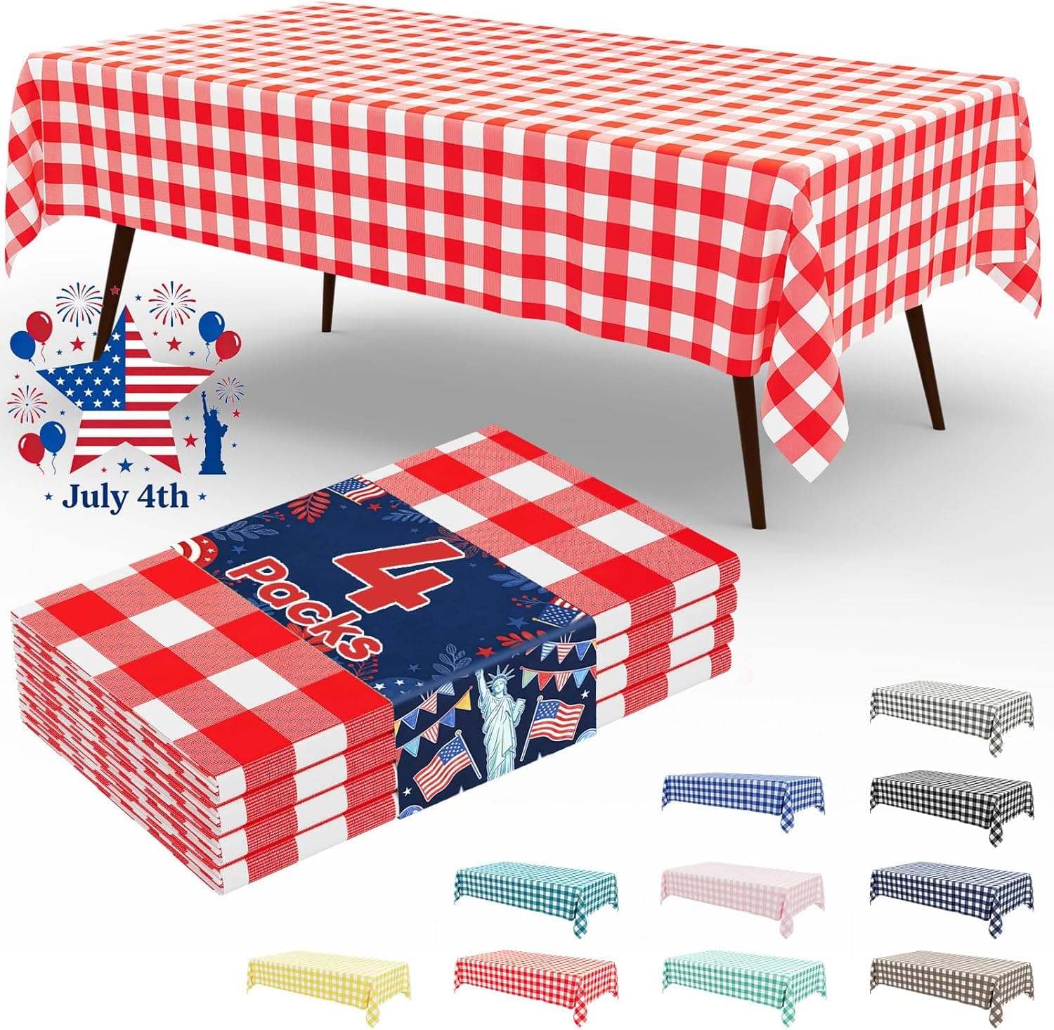 4 Packs Buffalo Disposable Table Cloth, 54 x 108 Inch Waterproof Plastic Tablecloth, Rectangle Red and White Checkered Table Covers for Picnic, Birthday, 4th of July Party