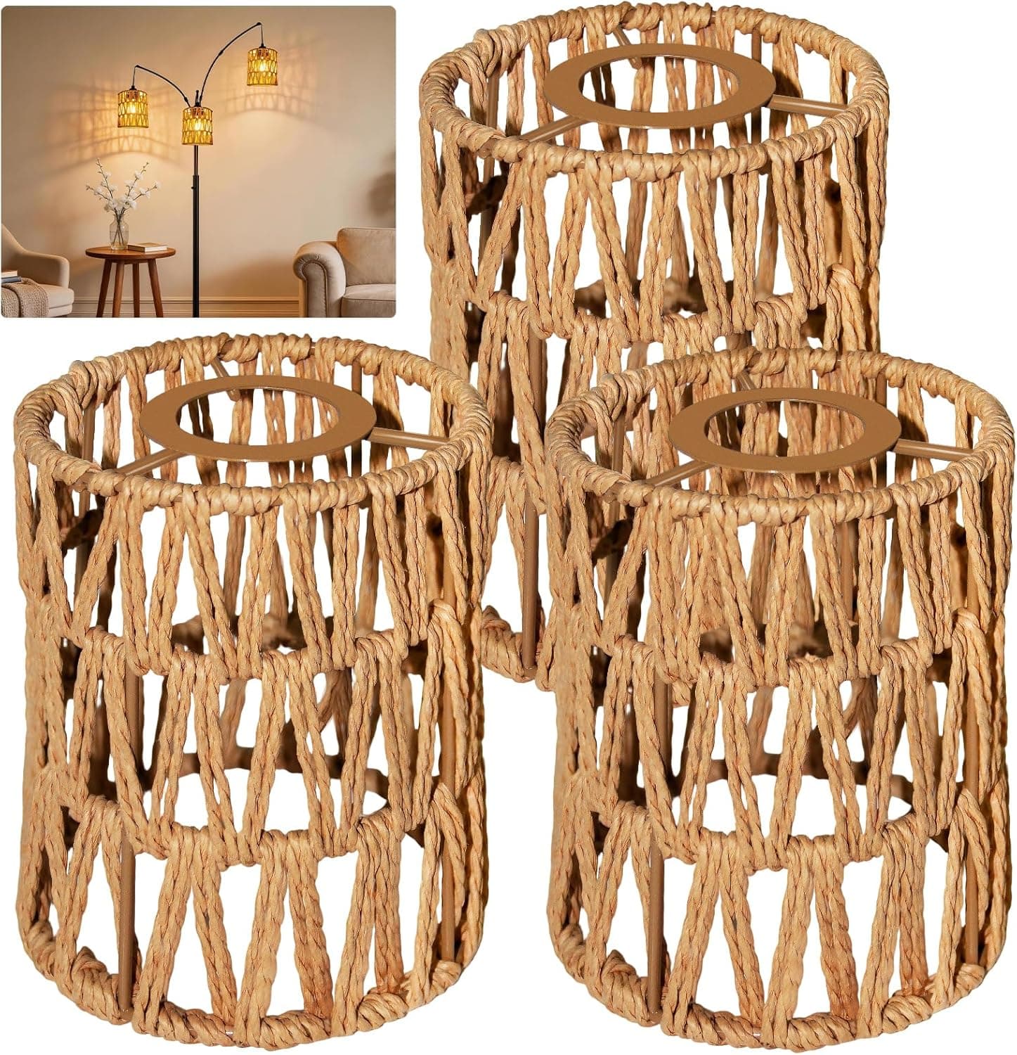 3 Pack Rattan Lamp Shades Boho Hanging Light Lamp Shades, Woven LampShades for Floor Lamps Rattan Pendant Lights Boho Lamp Ceiling Light, Table Lamps, Plug in Pendant Light