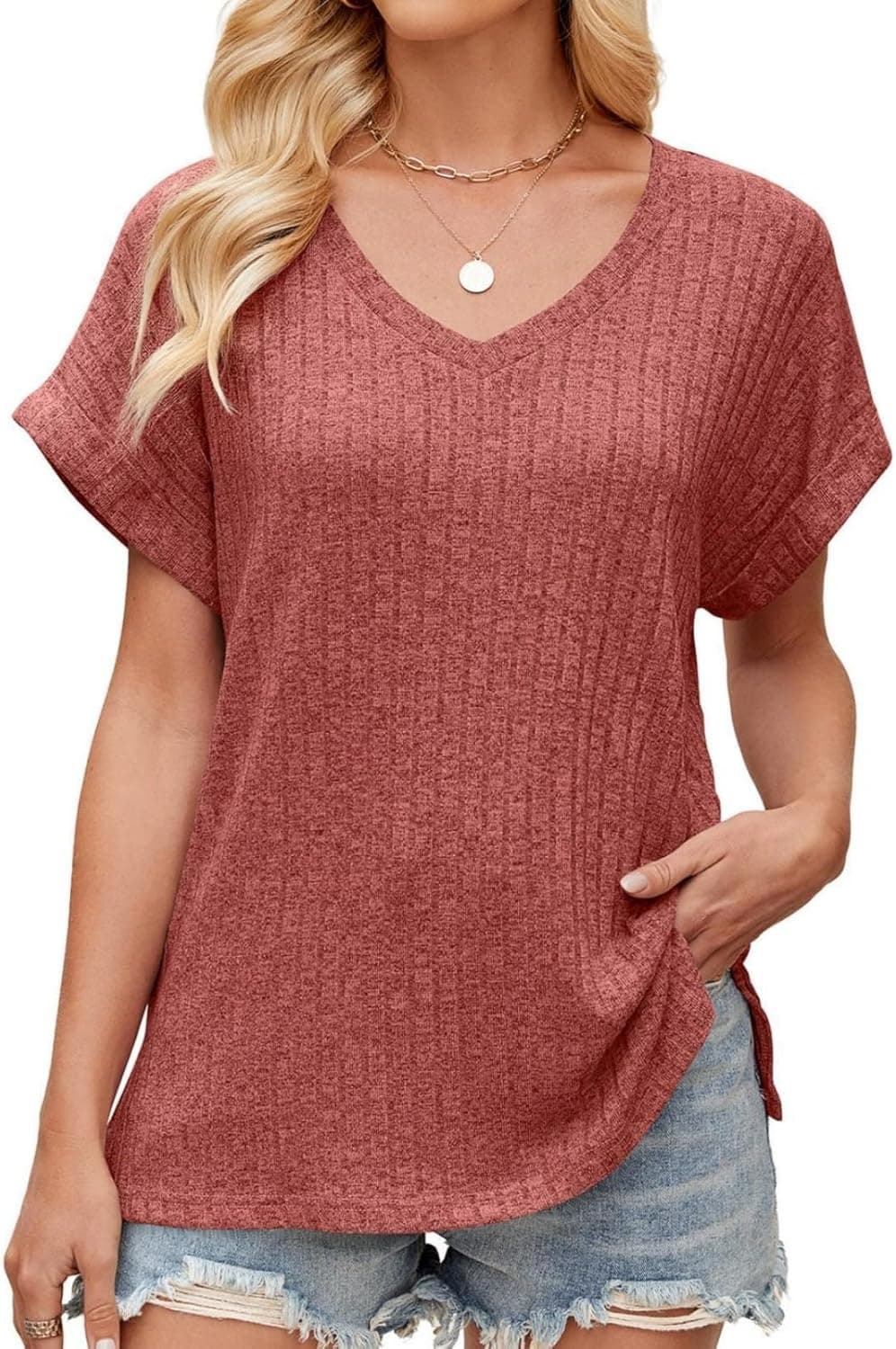 JUSTFASHIONNOW Summer Tops for Women 2026 V Neck Sweater Dolman Short Sleeve Shirts Dressy Casual Trendy Side Split