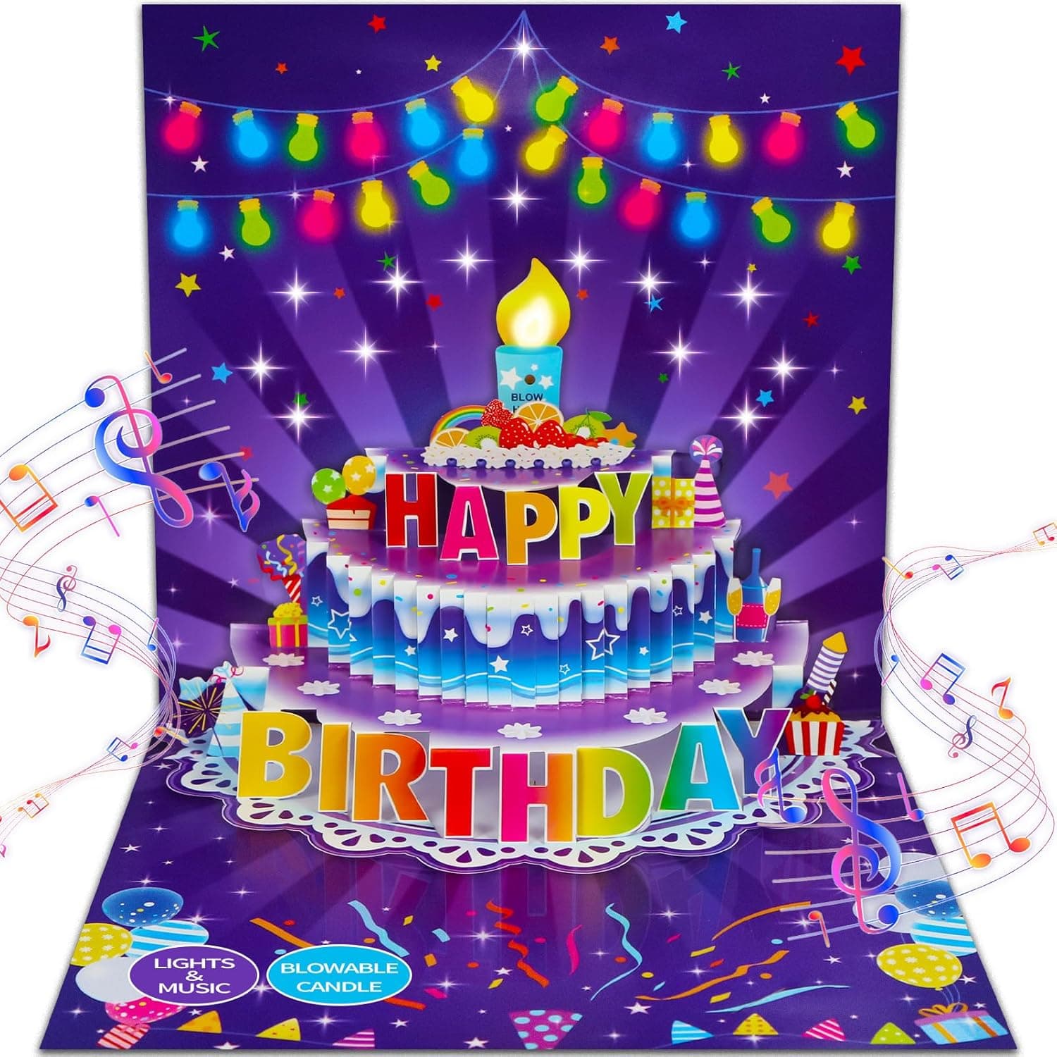 FaCraft Birthday Card for Women Men, Blowable Candle with Lights & Music | Handmade Pop-Up Cake, Blow the Candle, 7x7 Inch, 10 Fiber Optic Stars, 42s Choral Music, with Envelope, Blank Insert, Seal - image 1