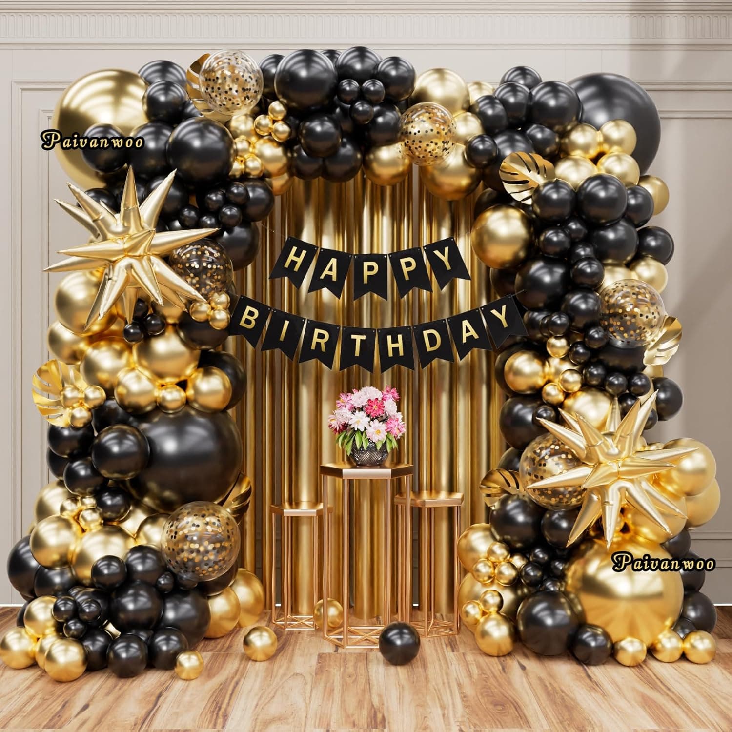 141Pcs Black and Gold Balloon Arch Kit with Happy Birthday Banner for Black and Gold Party Decorations, Graduation, Retirement, Masquerade Party Supplies - image 1