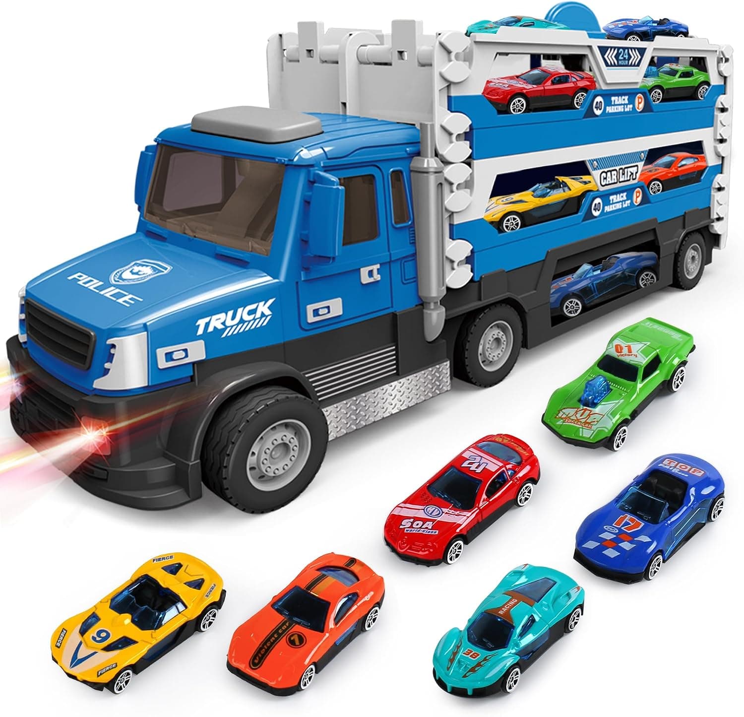 6 in 1 Transport Truck Toys for Kids, Police Trucks Carrier Cars with 6Pcs Metal Race Car with Light&Sounds - image 1