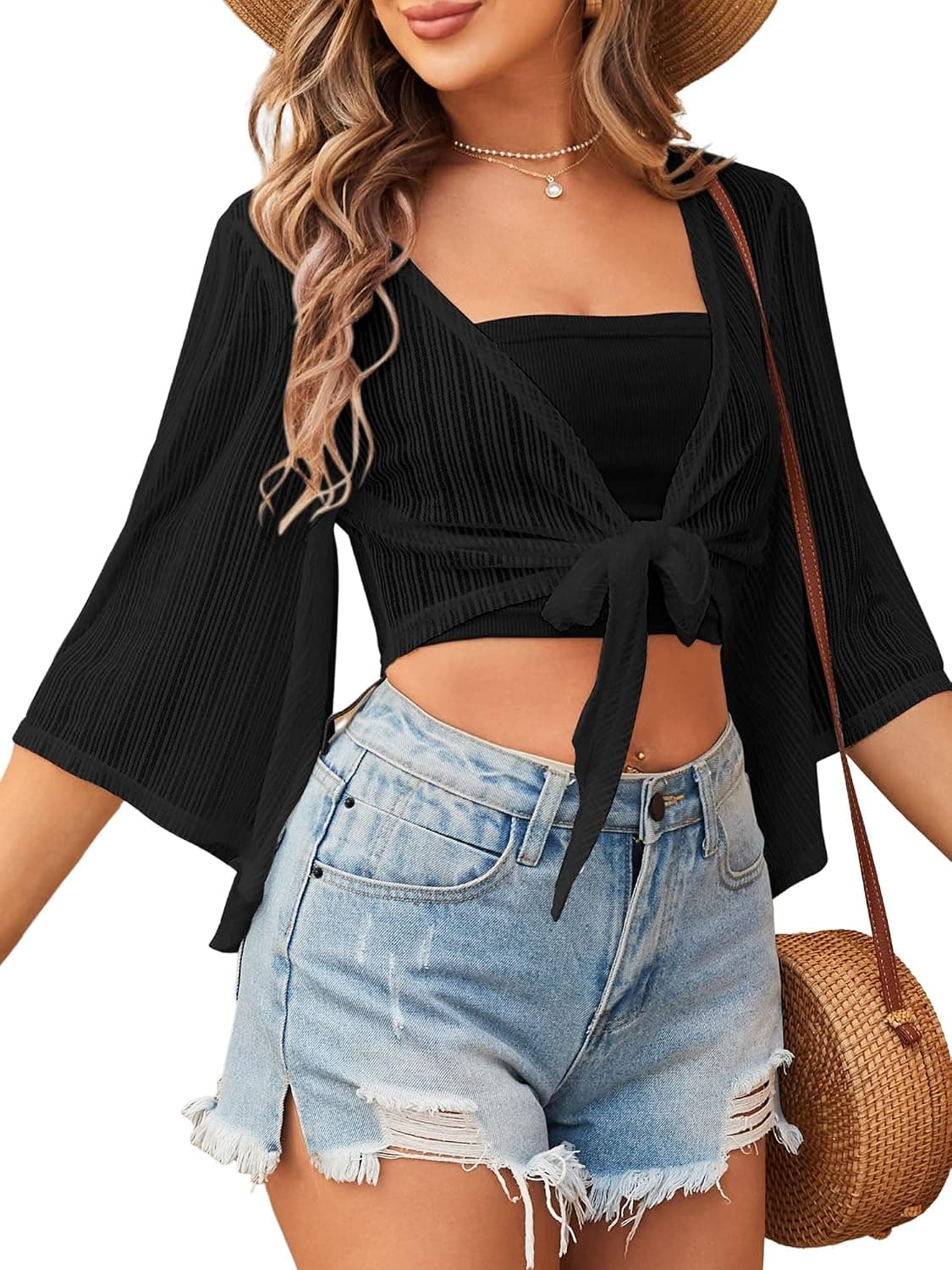 ZAFUL Women's Cropped Bolero Sheer Shrugs for Dress Short Sleeve Tie Front Cardigan - image 1