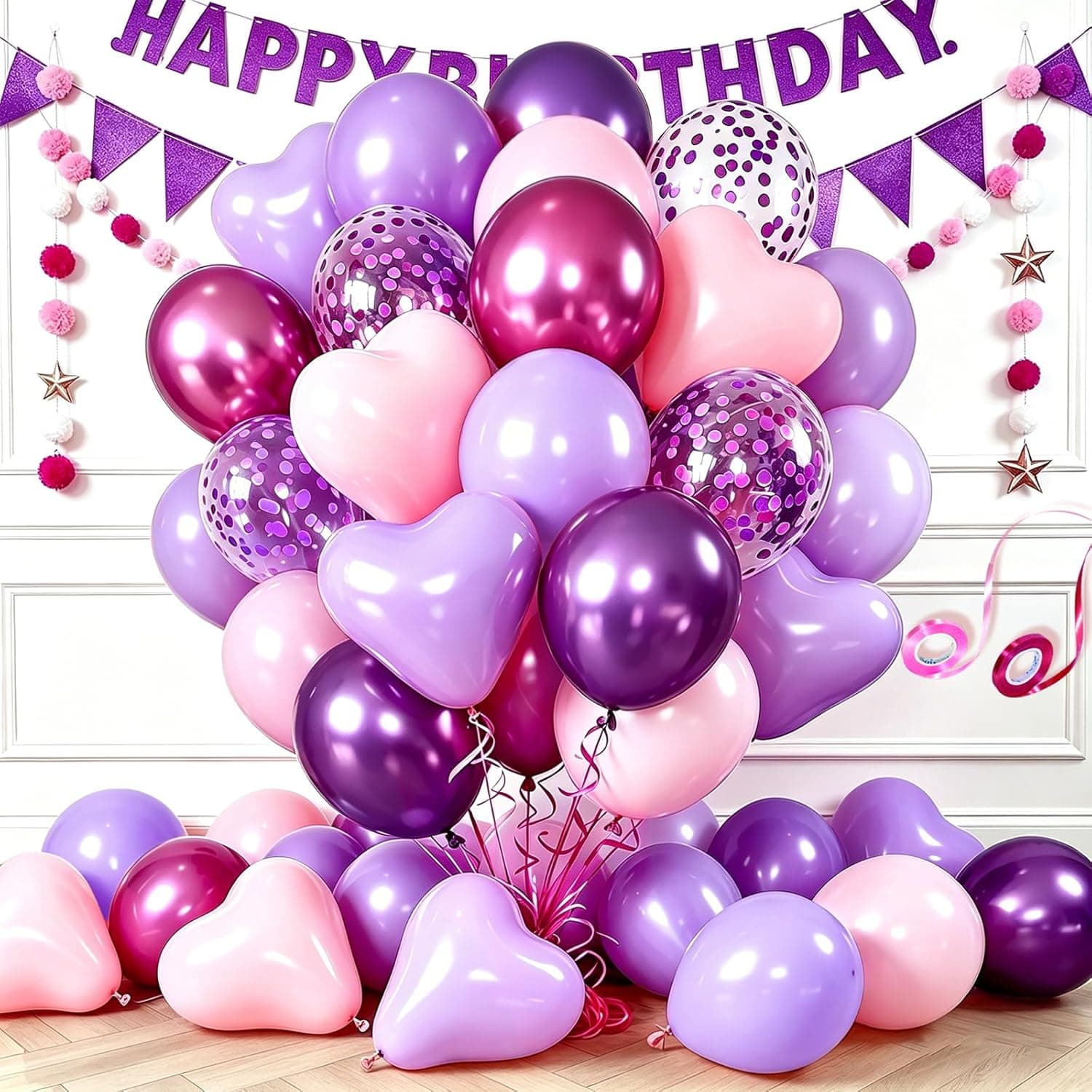 68pcs Pink Purple Heart Balloons Kit, Matte Metallic Confetti Heart Shaped Balloons with Ribbons, Baby Pink Lavender Latex Balloons for Birthday Wedding Graduation Party Decorations, Balloon Arch Kit