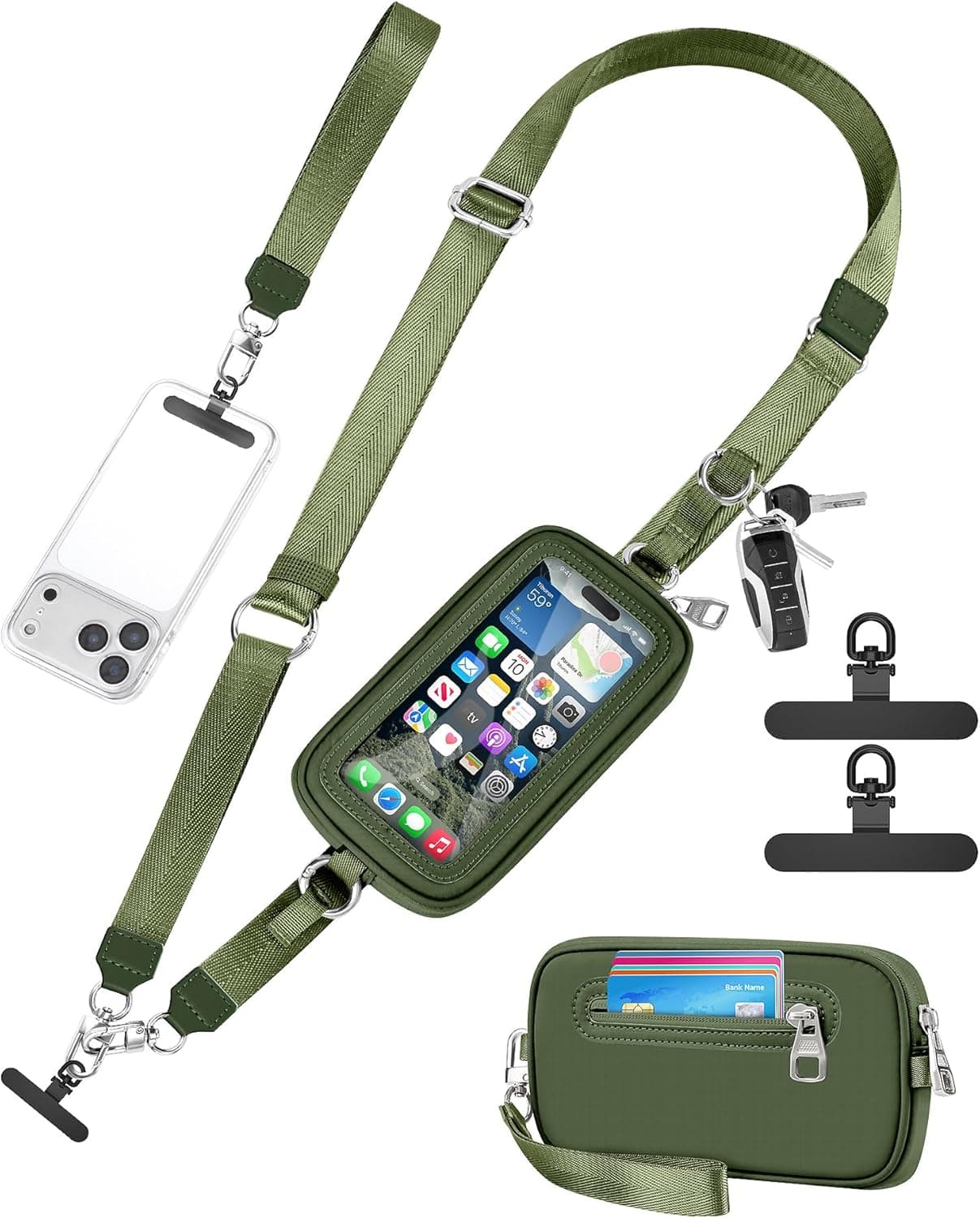 Clip and Go Phone Strap Wallet Crossbody Phone Lanyard, Detachable Wristlet Strap with Zipper Phone Screen ID Window, 2 Pcs Metal Tether Pads Compatibe for iPhone & Most Smartphones Green